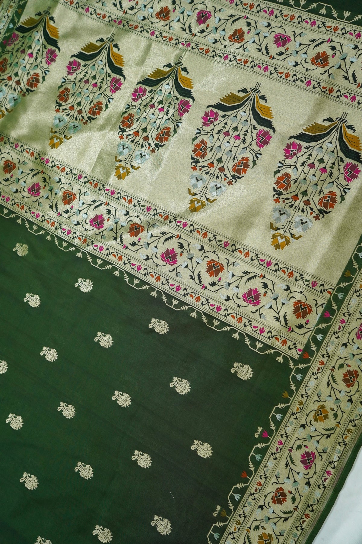 Peshavi - Forest Green Paithani Silk Saree with Stitched Blouse