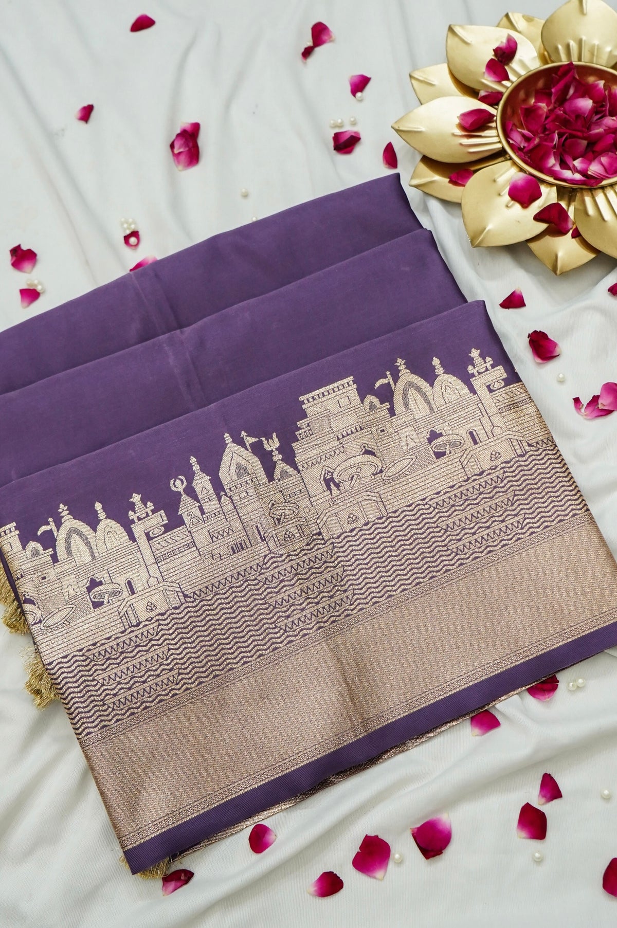 Rihar - Pastel Purple Ghat Border Banarasi Silk Saree with Stitched Blouse