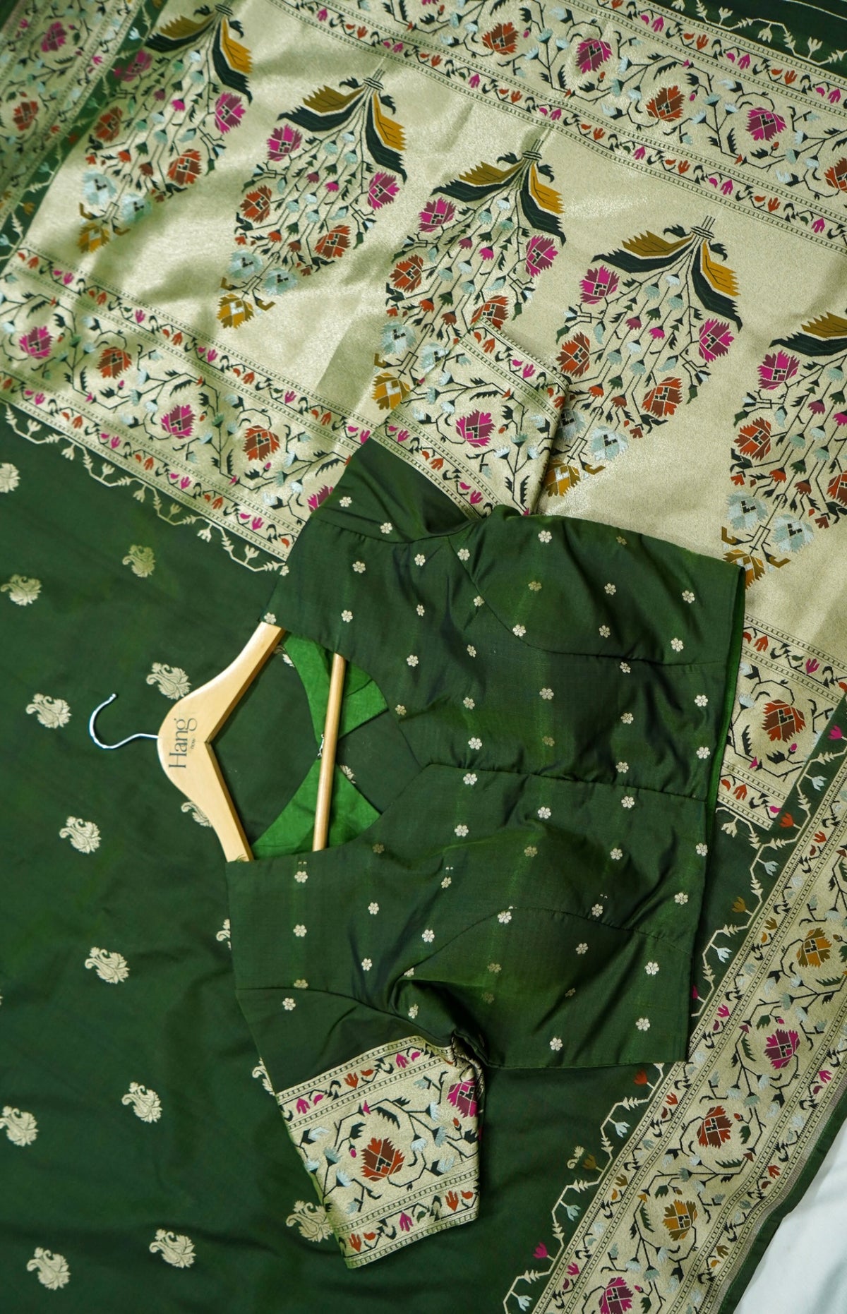 Peshavi - Forest Green Paithani Silk Saree with Stitched Blouse