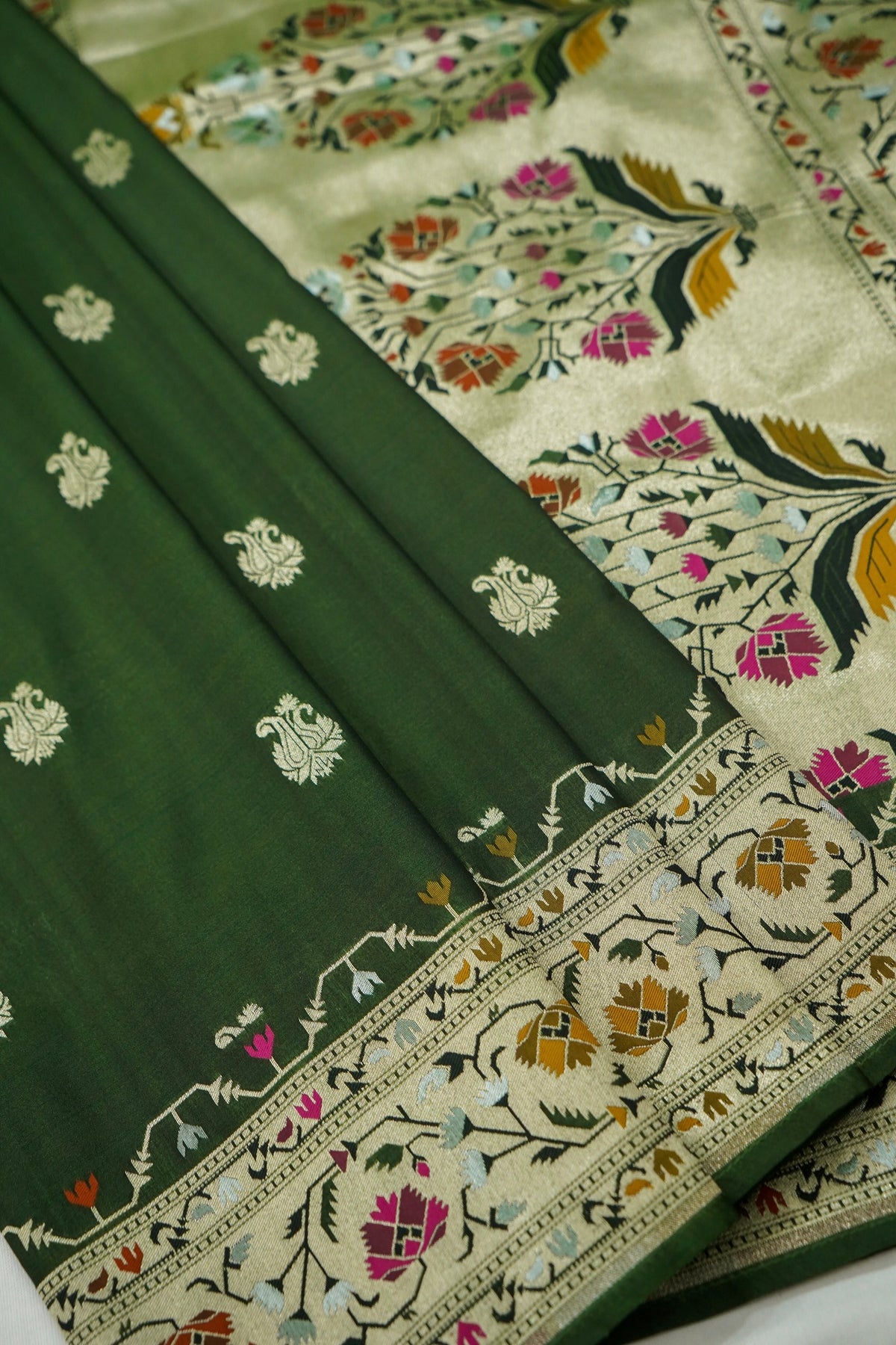 Peshavi - Forest Green Paithani Silk Saree with Stitched Blouse