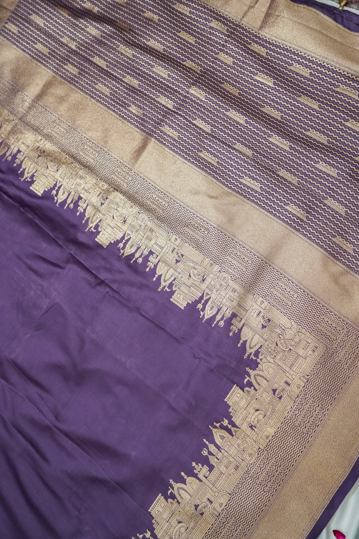 Rihar - Pastel Purple Ghat Border Banarasi Silk Saree with Stitched Blouse