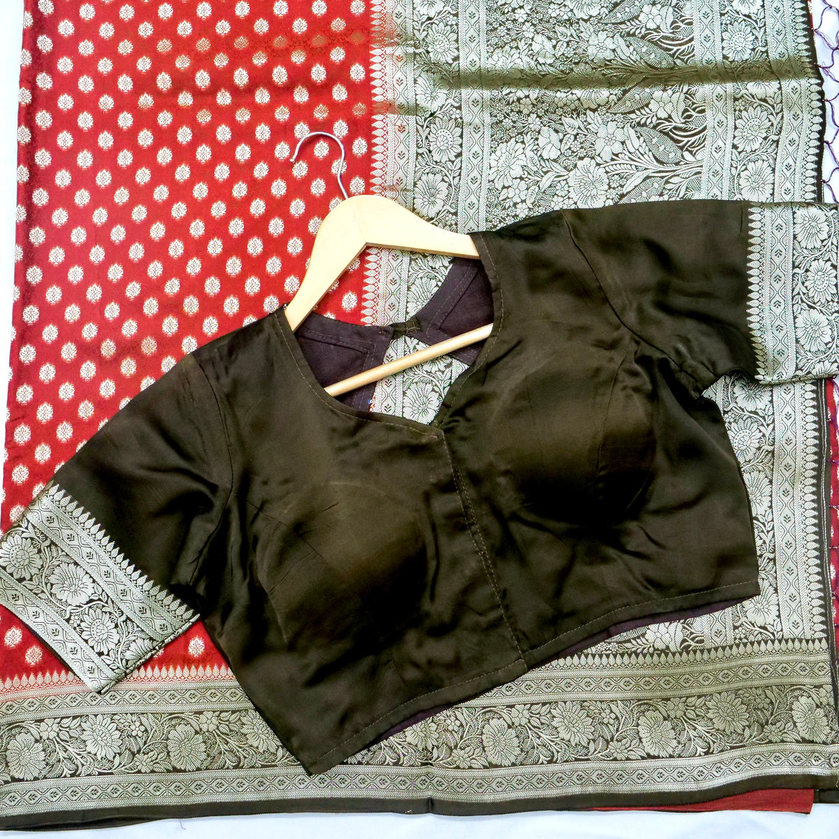 Rust Red Banarasi Dola Silk Saree with Stitched Blouse