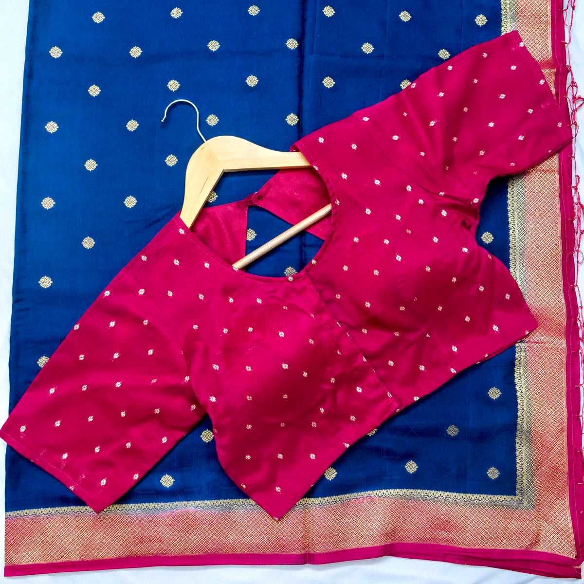 Midnight Blue Banarasi Dola Silk Saree with Gold Border and Stitched Blouse