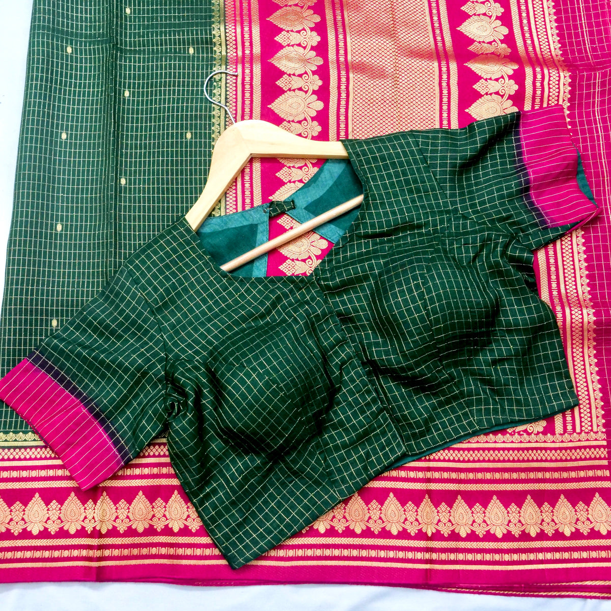 Bottle Green Banarasi Dola Silk Saree with Magenta Border and Stitched Blouse