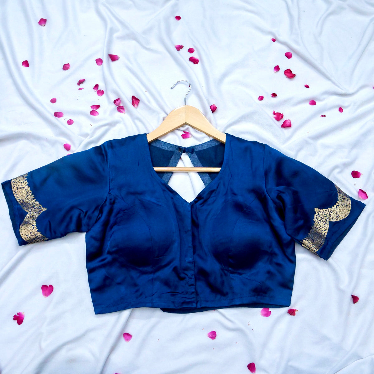 Deep Navy Blue Banarasi Dola Silk Saree with Gold Paisley Border and Stitched Blouse