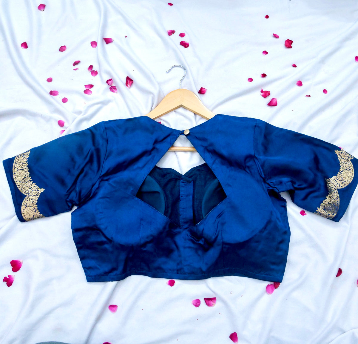 Deep Navy Blue Banarasi Dola Silk Saree with Gold Paisley Border and Stitched Blouse
