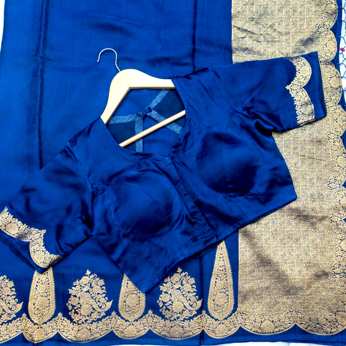 Deep Navy Blue Banarasi Dola Silk Saree with Gold Paisley Border and Stitched Blouse