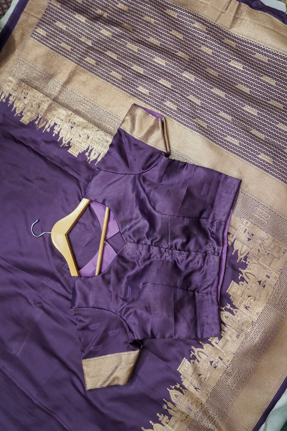 Rihar - Pastel Purple Ghat Border Banarasi Silk Saree with Stitched Blouse