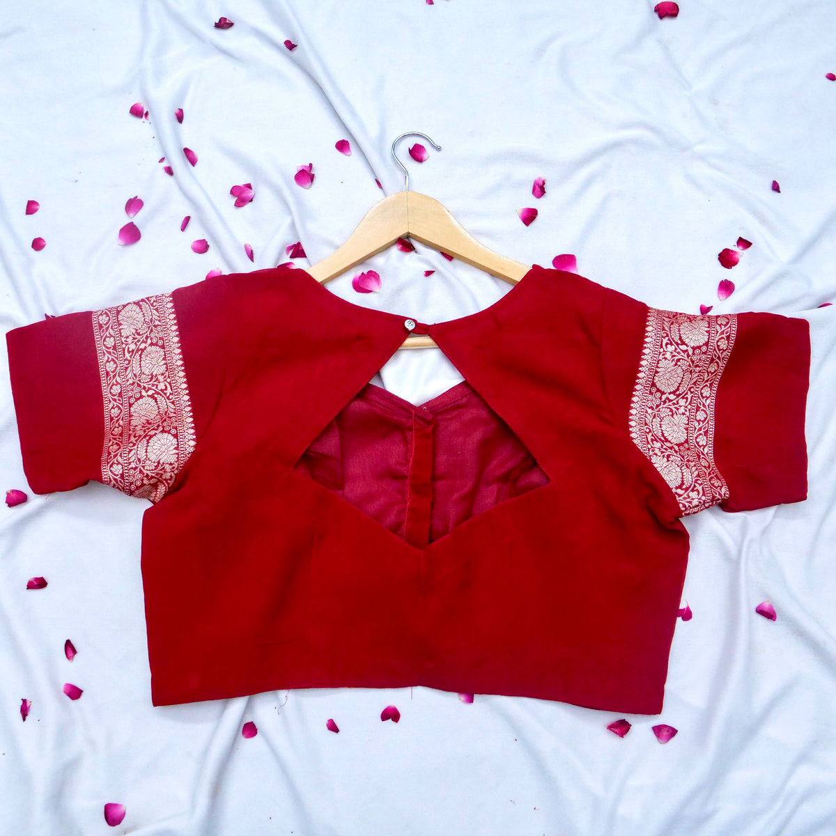 Classic Red Chinon Silk Saree with Multicolor Floral Border and Stitched Blouse