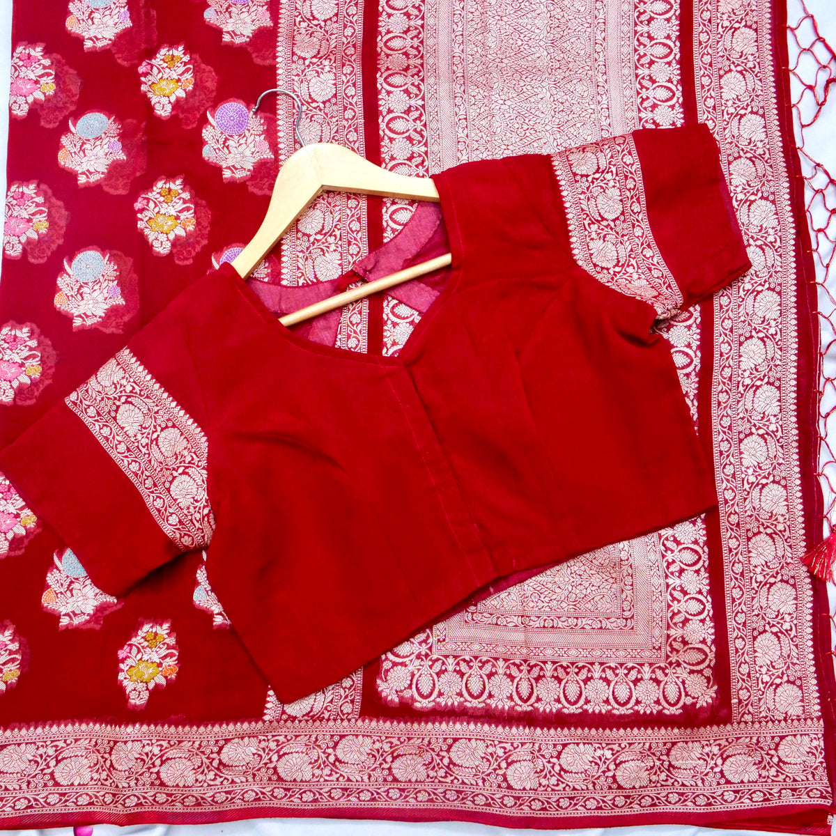 Classic Red Chinon Silk Saree with Multicolor Floral Border and Stitched Blouse