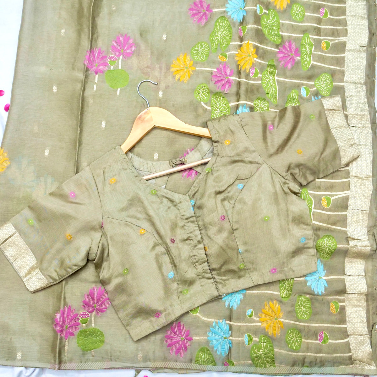Olive Gold Floral Weave Chinon Silk Saree with Stitched Blouse