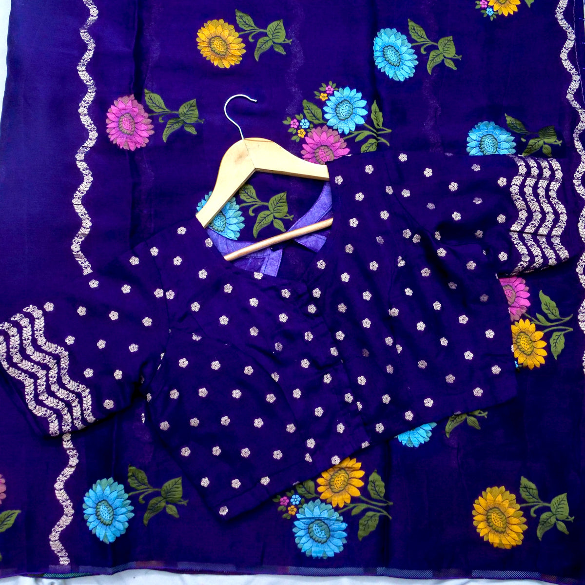 Deep Purple Floral Weave Chinon Silk Saree with Stitched Blouse
