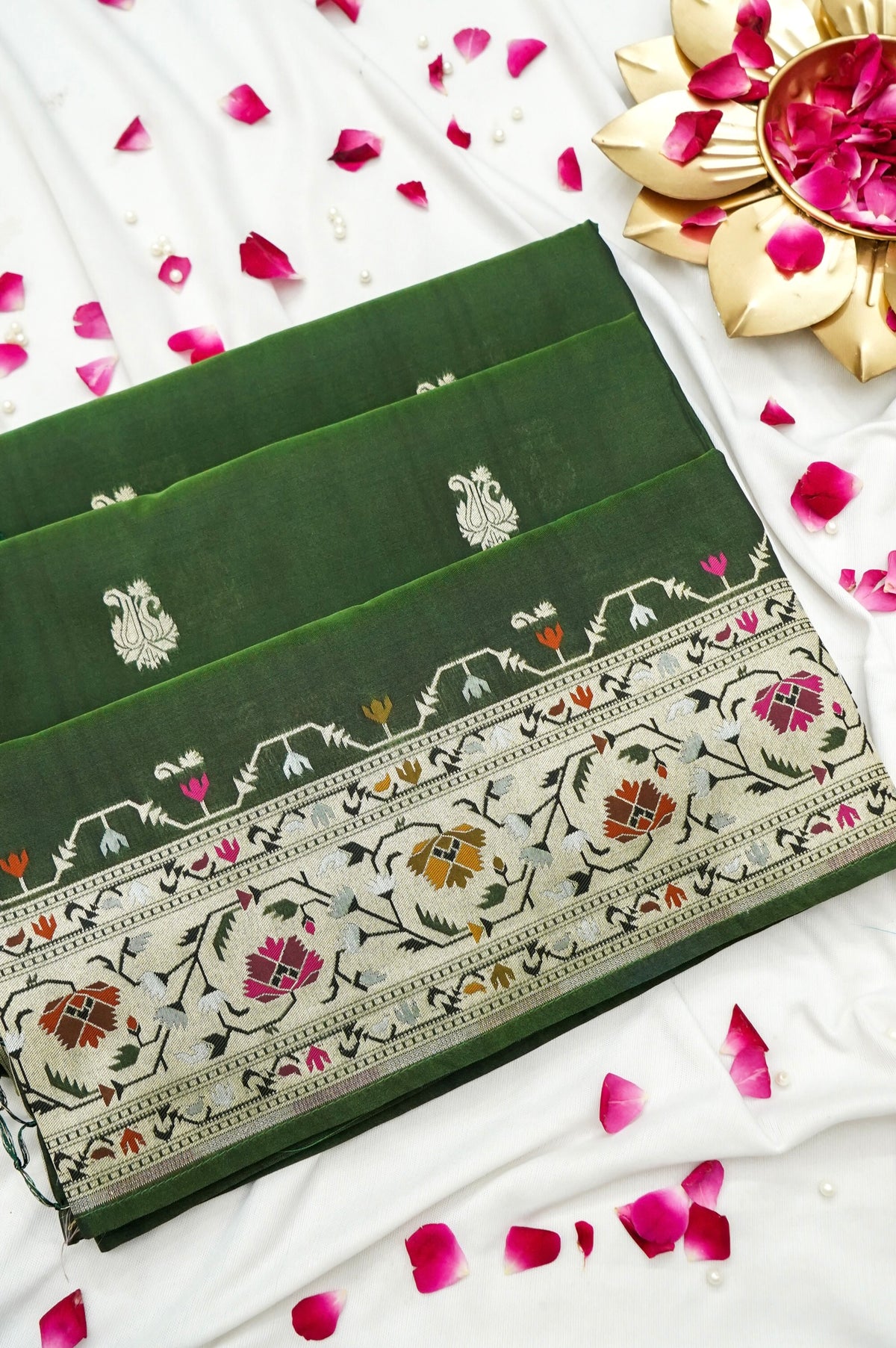Peshavi - Forest Green Paithani Silk Saree with Stitched Blouse