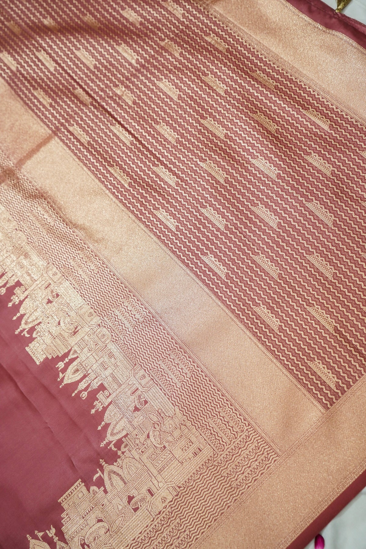 Rihar - Pastel Pink Ghat Border Banarasi Silk Saree with Stitched Blouse