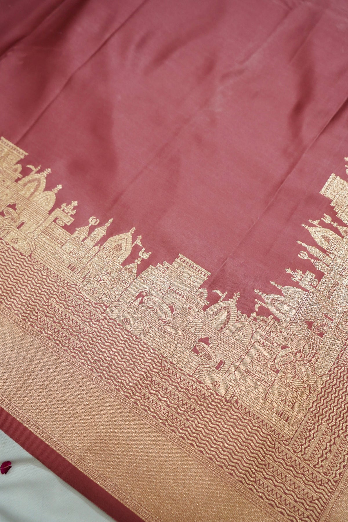 Rihar - Pastel Pink Ghat Border Banarasi Silk Saree with Stitched Blouse
