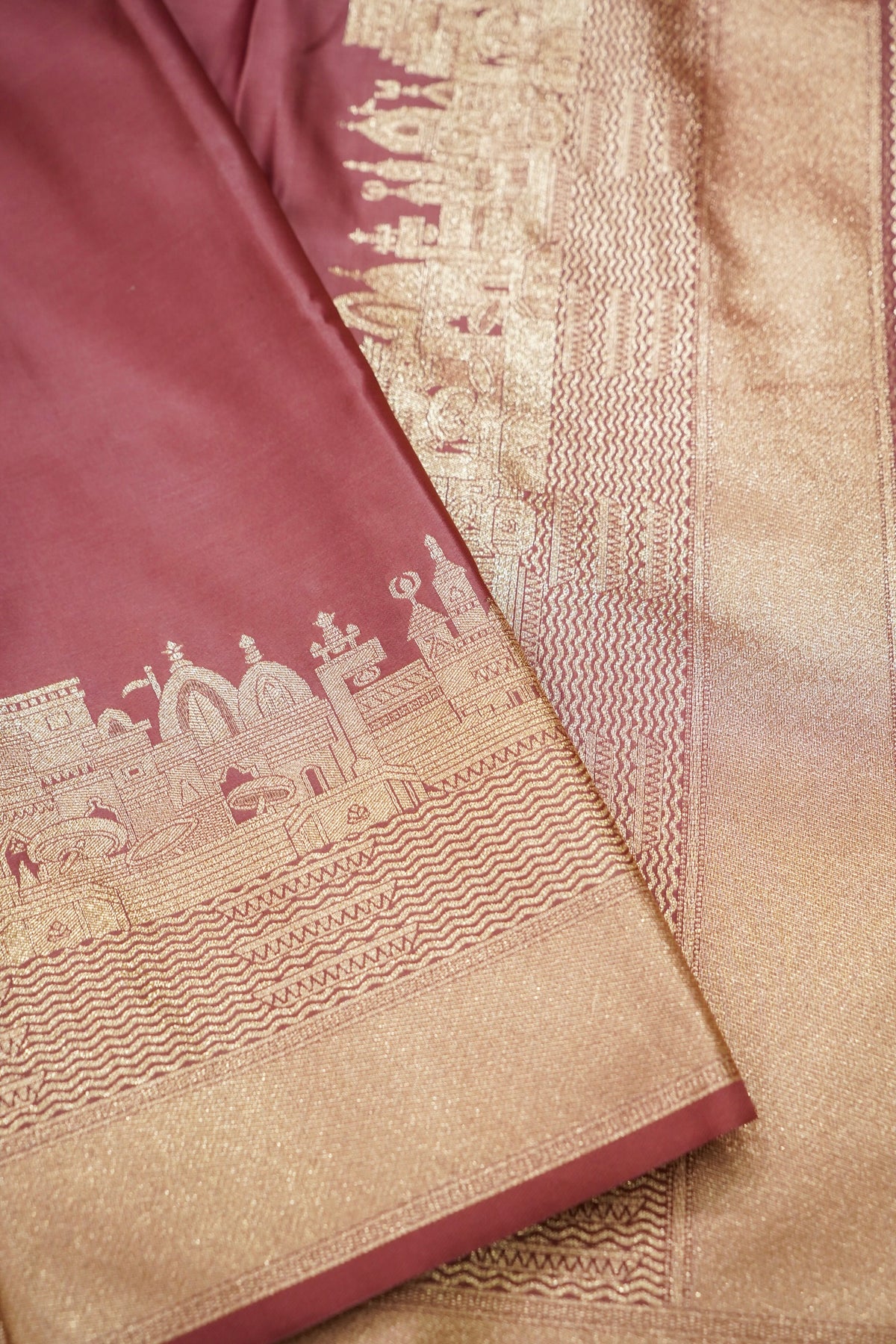 Rihar - Pastel Pink Ghat Border Banarasi Silk Saree with Stitched Blouse