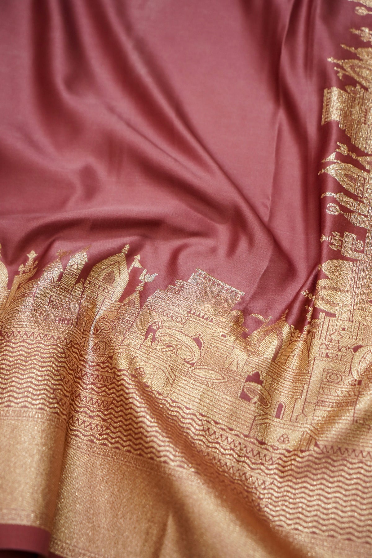 Rihar - Pastel Pink Ghat Border Banarasi Silk Saree with Stitched Blouse