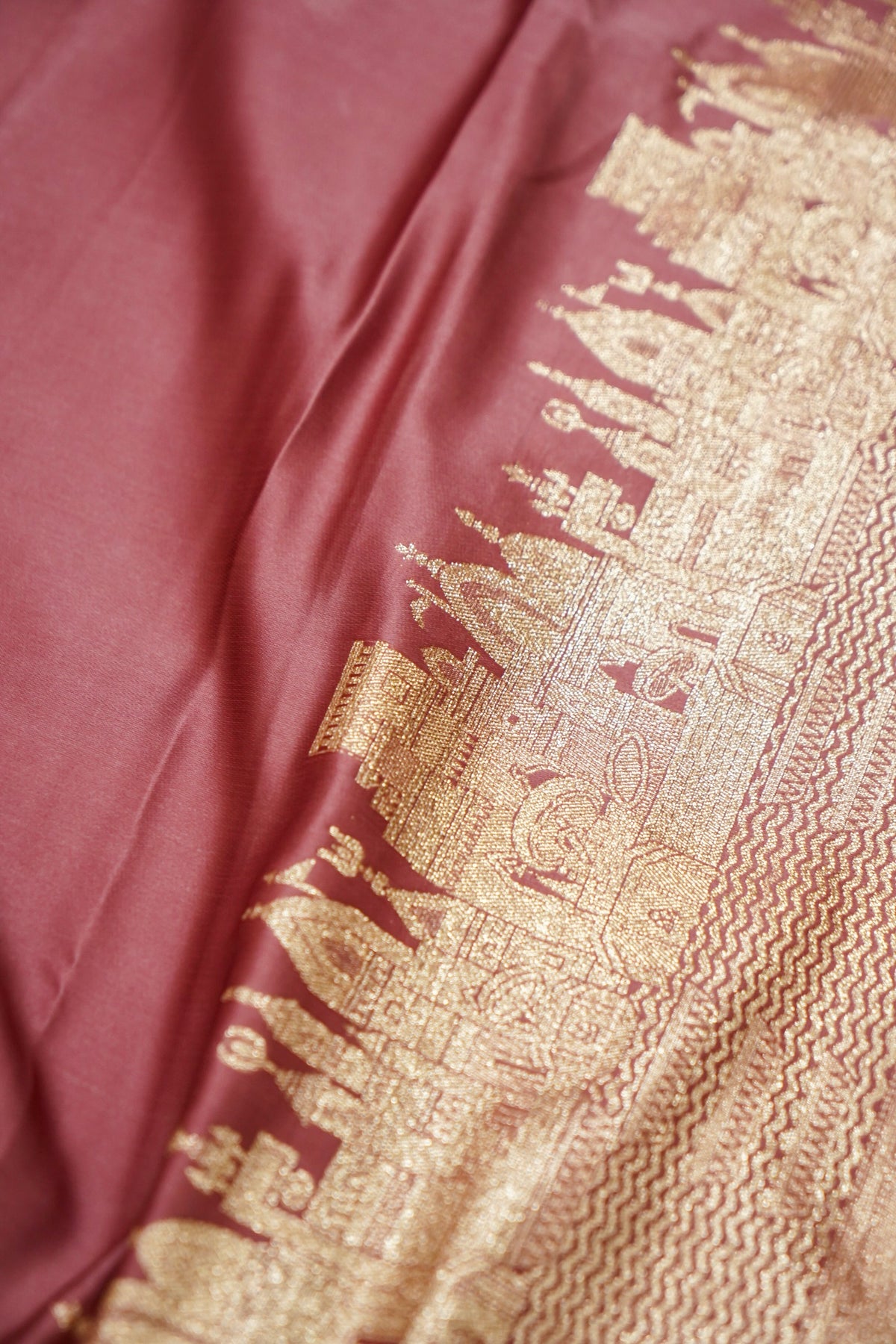 Rihar - Pastel Pink Ghat Border Banarasi Silk Saree with Stitched Blouse