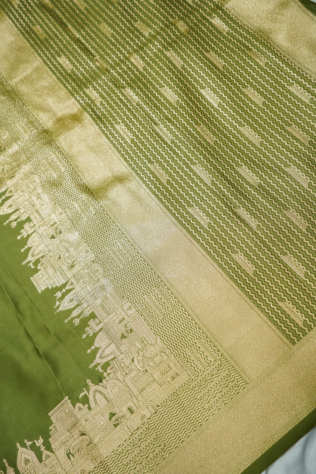 Rihar - Pastel Green Ghat Border Banarasi Silk Saree with Stitched Blouse