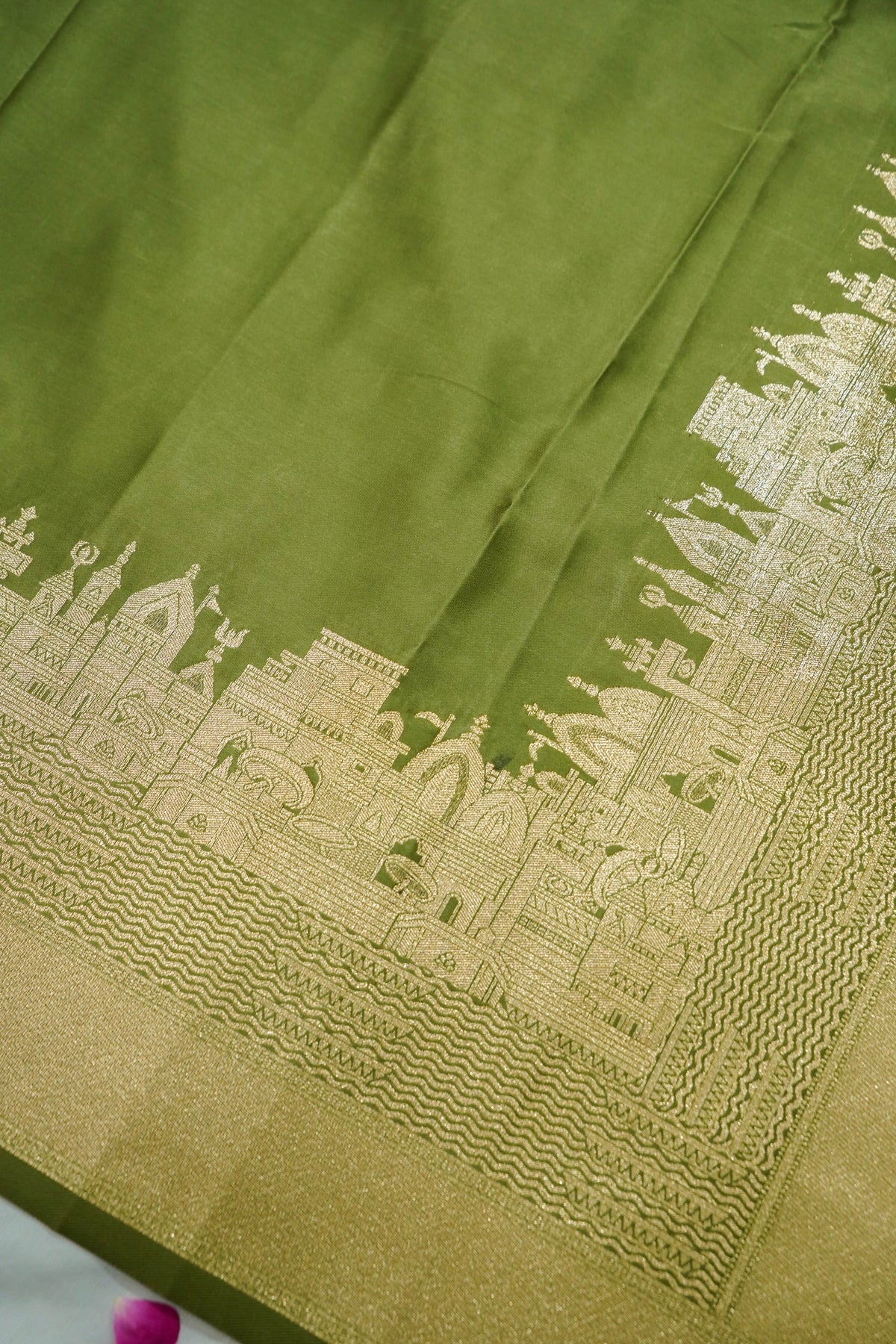 Rihar - Pastel Green Ghat Border Banarasi Silk Saree with Stitched Blouse