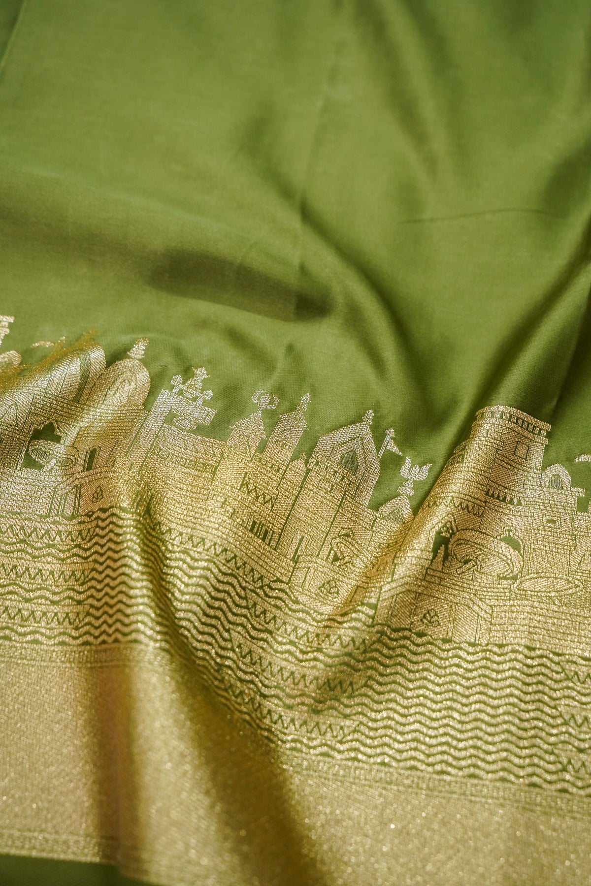 Rihar - Pastel Green Ghat Border Banarasi Silk Saree with Stitched Blouse