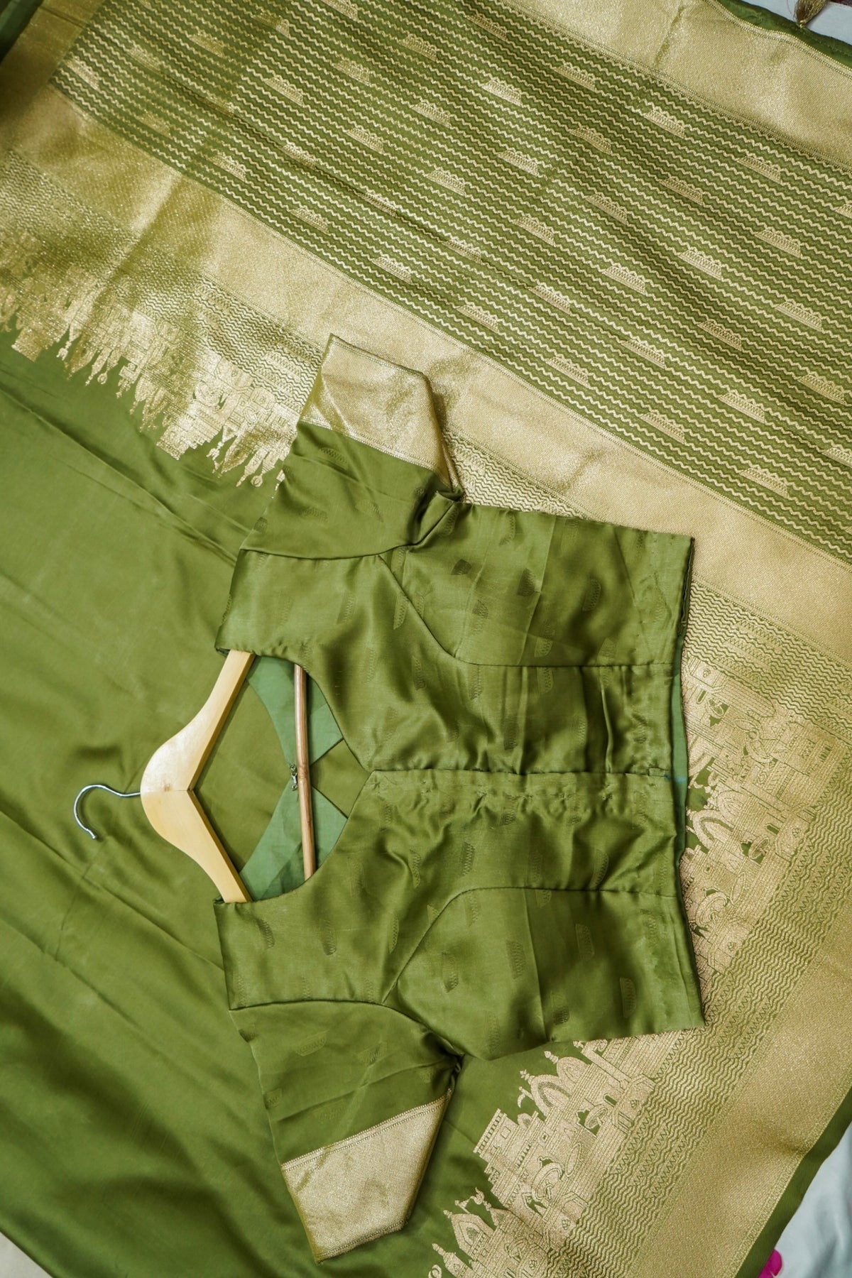 Rihar - Pastel Green Ghat Border Banarasi Silk Saree with Stitched Blouse