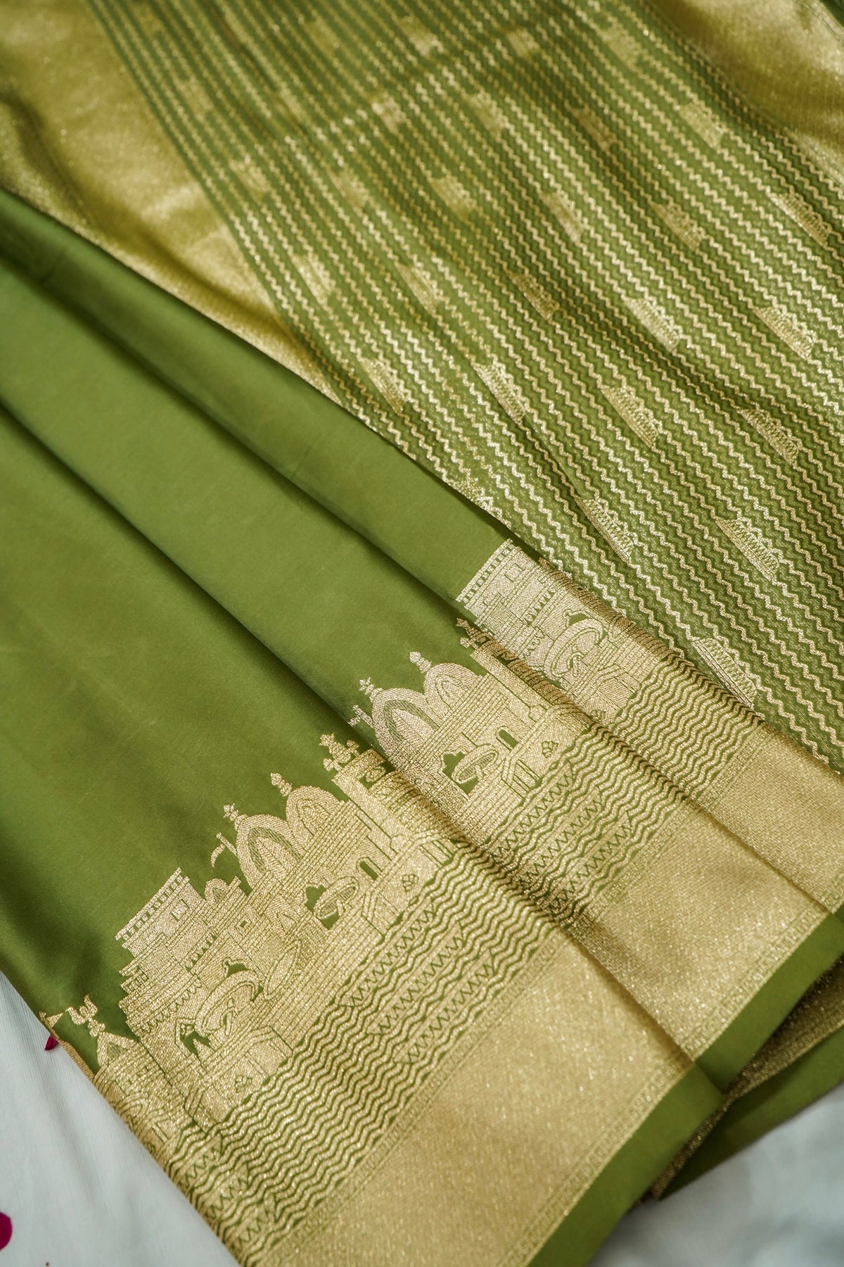 Rihar - Pastel Green Ghat Border Banarasi Silk Saree with Stitched Blouse
