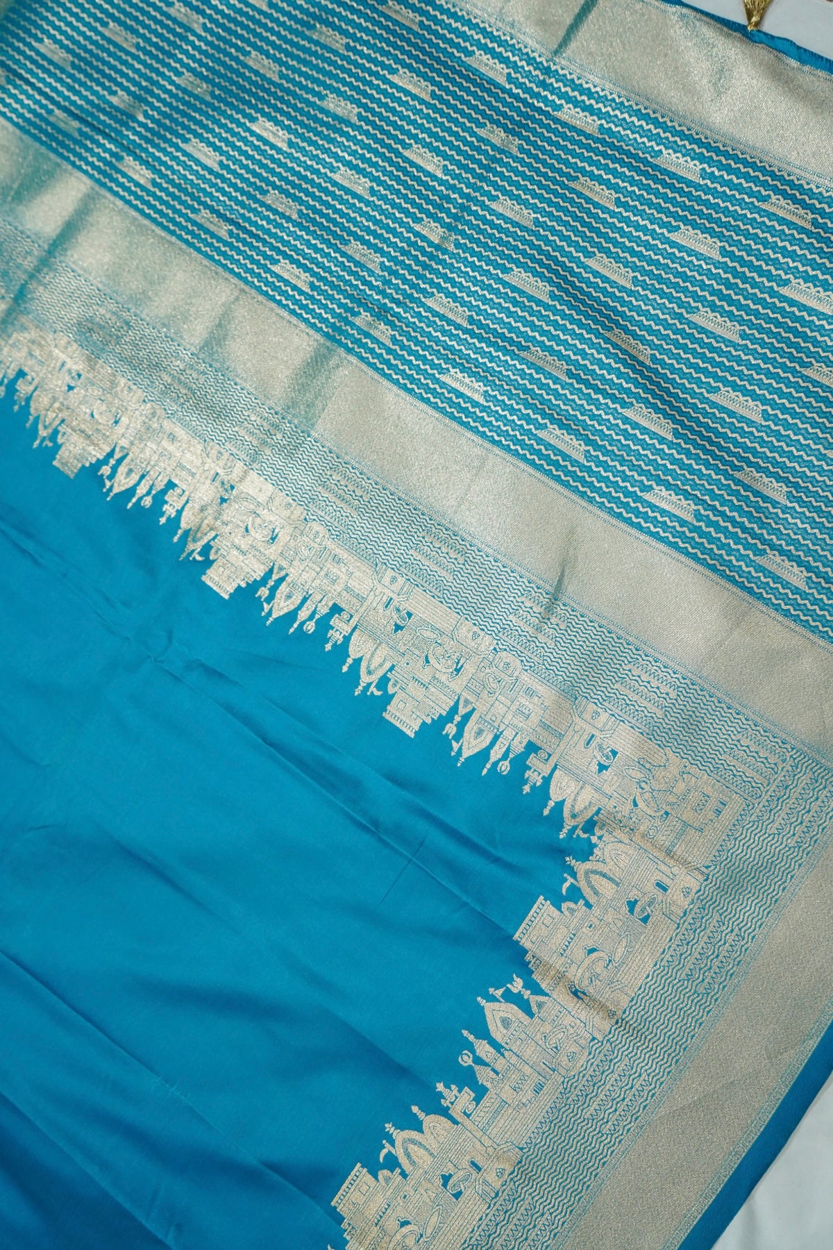 Rihar - Pastel Blue Ghat Border Banarasi Silk Saree with Stitched Blouse