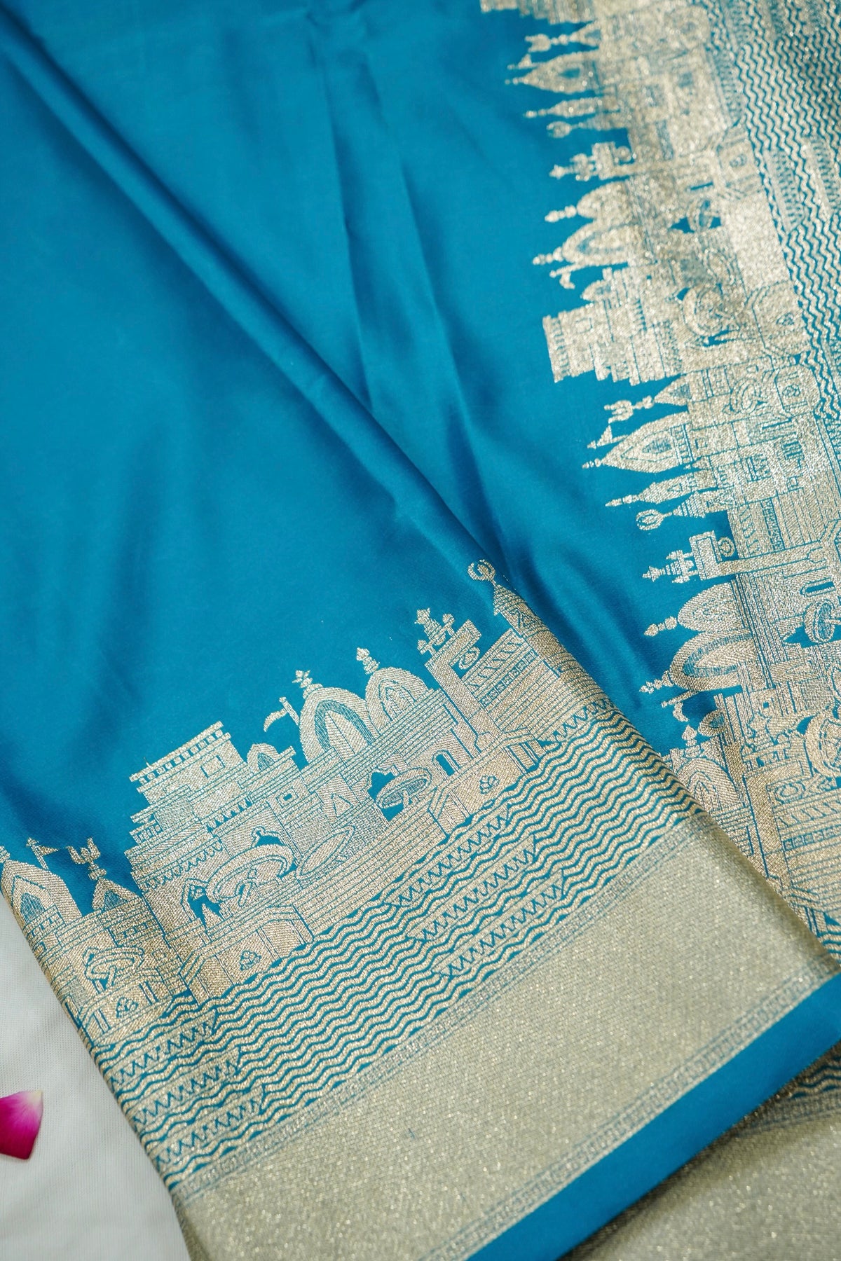 Rihar - Pastel Blue Ghat Border Banarasi Silk Saree with Stitched Blouse