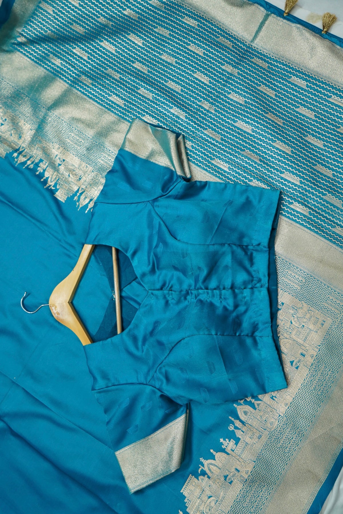 Rihar - Pastel Blue Ghat Border Banarasi Silk Saree with Stitched Blouse