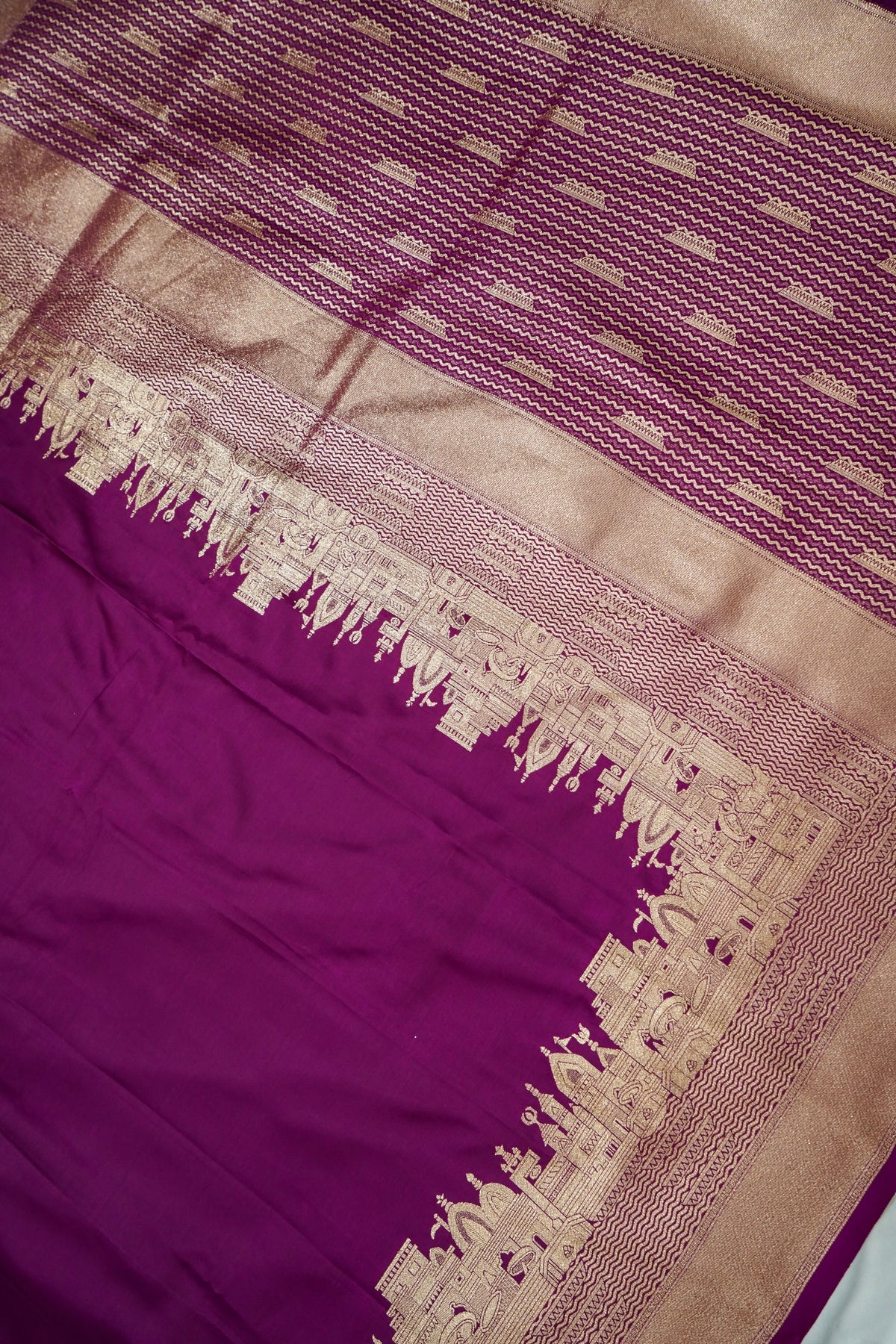 Rihar - Pastel Wine Ghat Border Banarasi Silk Saree with Stitched Blouse