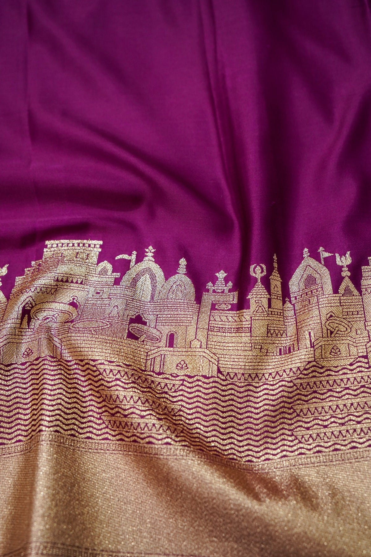 Rihar - Pastel Wine Ghat Border Banarasi Silk Saree with Stitched Blouse