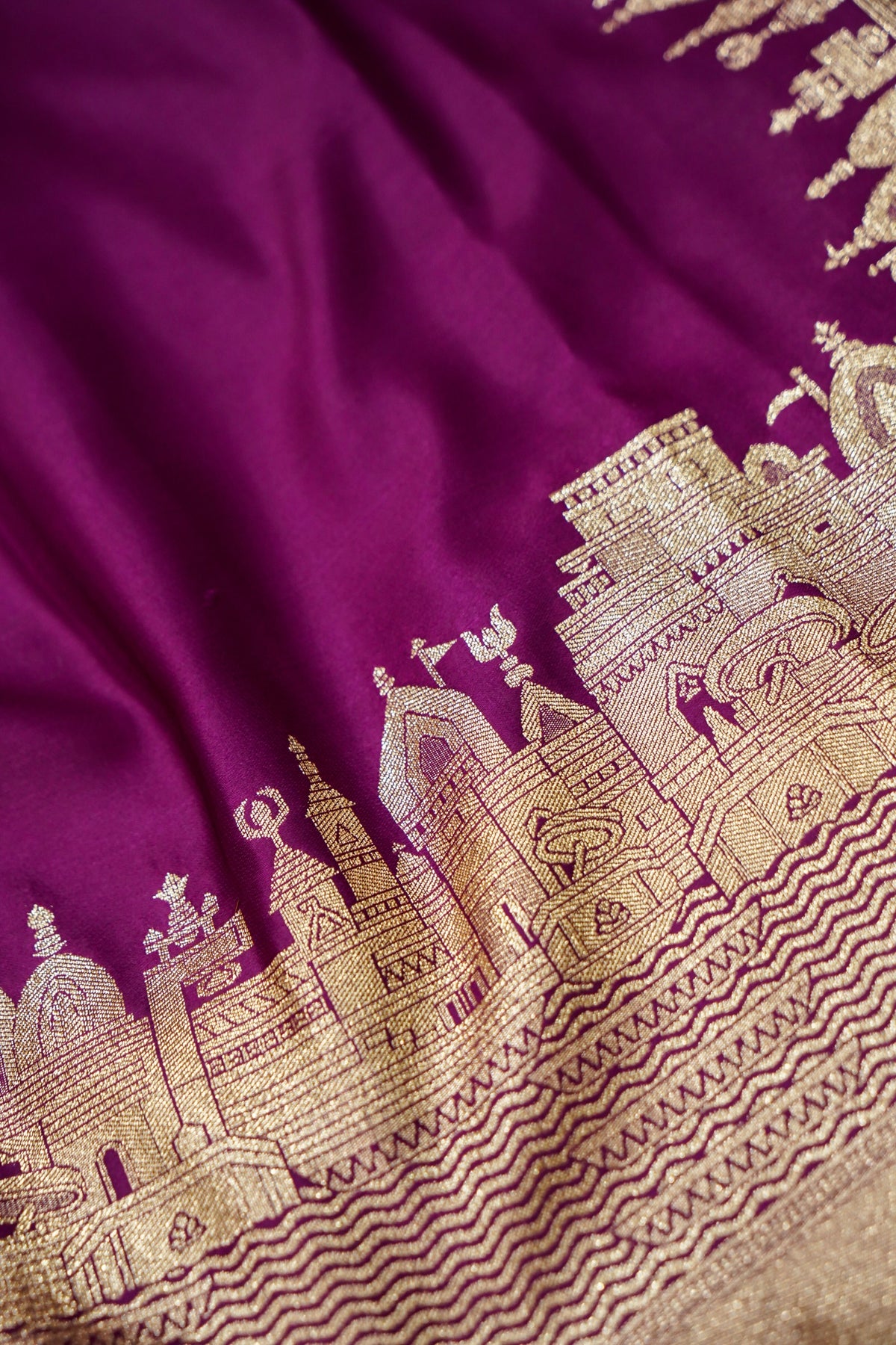Rihar - Pastel Wine Ghat Border Banarasi Silk Saree with Stitched Blouse