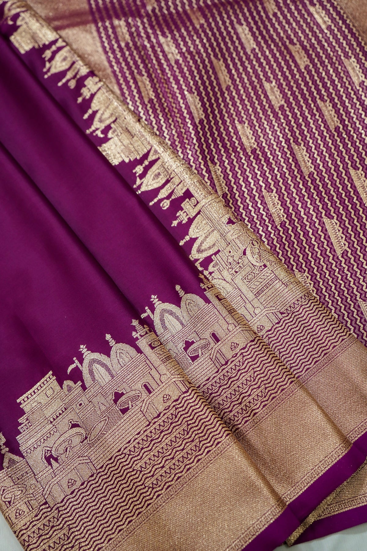 Rihar - Pastel Wine Ghat Border Banarasi Silk Saree with Stitched Blouse