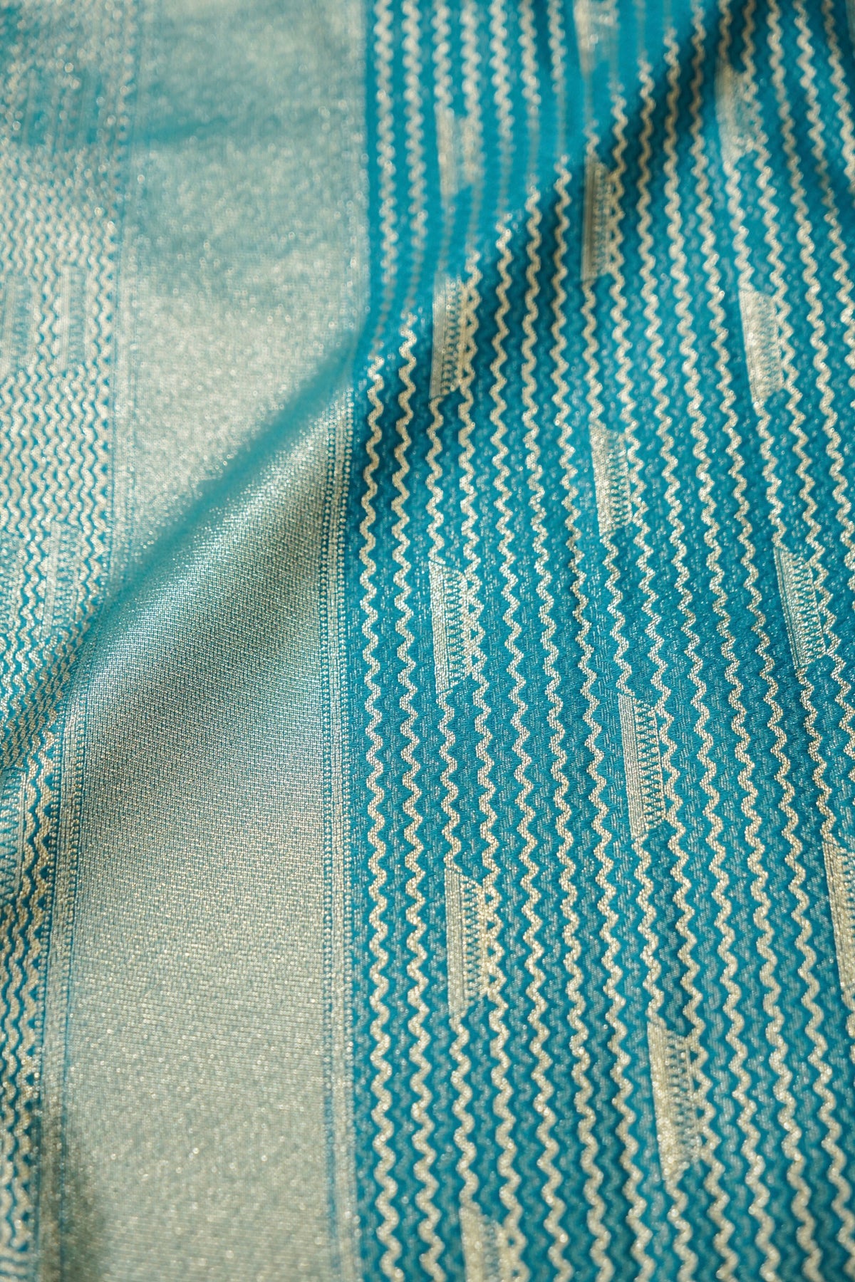 Rihar - Pastel Teal Ghat Border Banarasi Silk Saree with Stitched Blouse