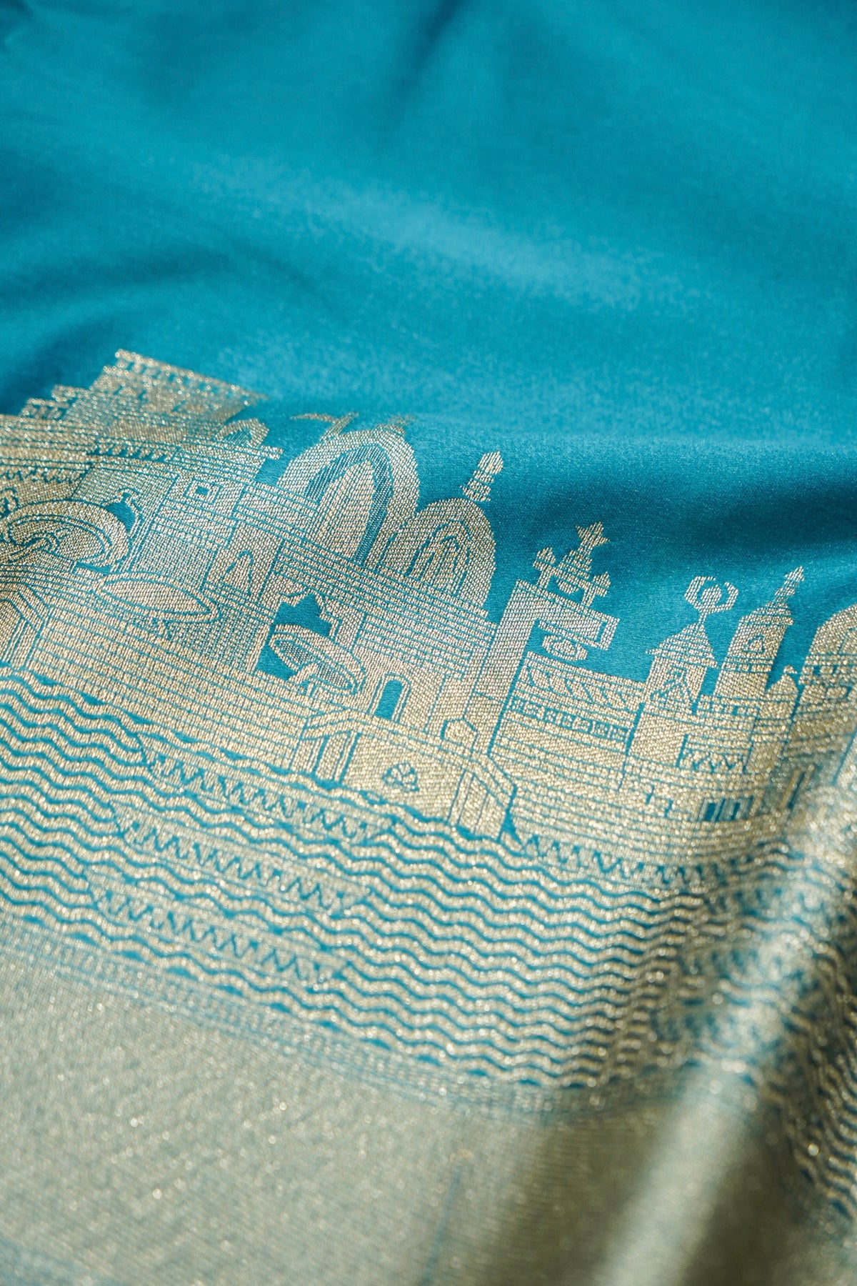 Rihar - Pastel Teal Ghat Border Banarasi Silk Saree with Stitched Blouse