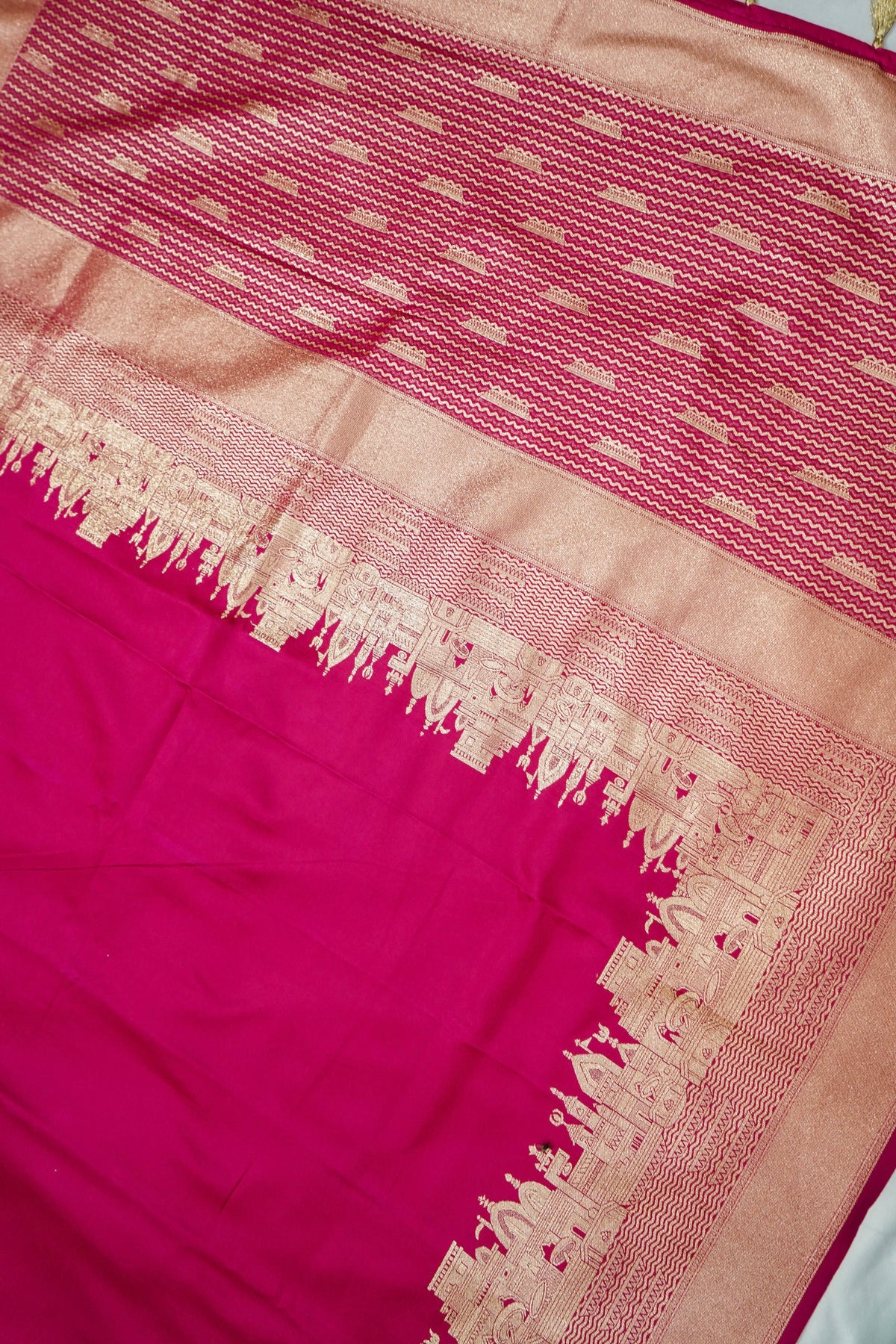 Rihar - Pastel Fuchsia Ghat Border Banarasi Silk Saree with Stitched Blouse
