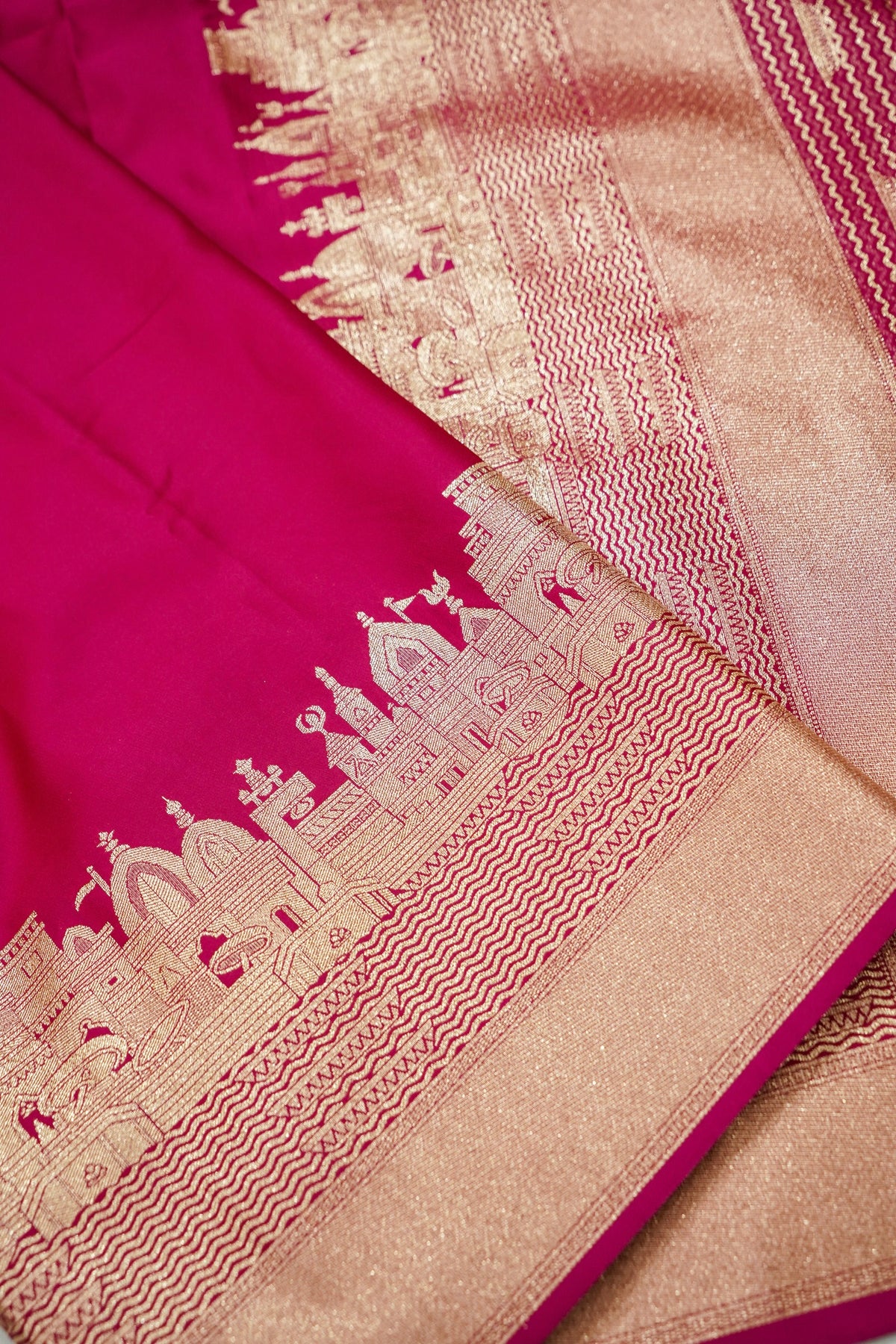 Rihar - Pastel Fuchsia Ghat Border Banarasi Silk Saree with Stitched Blouse