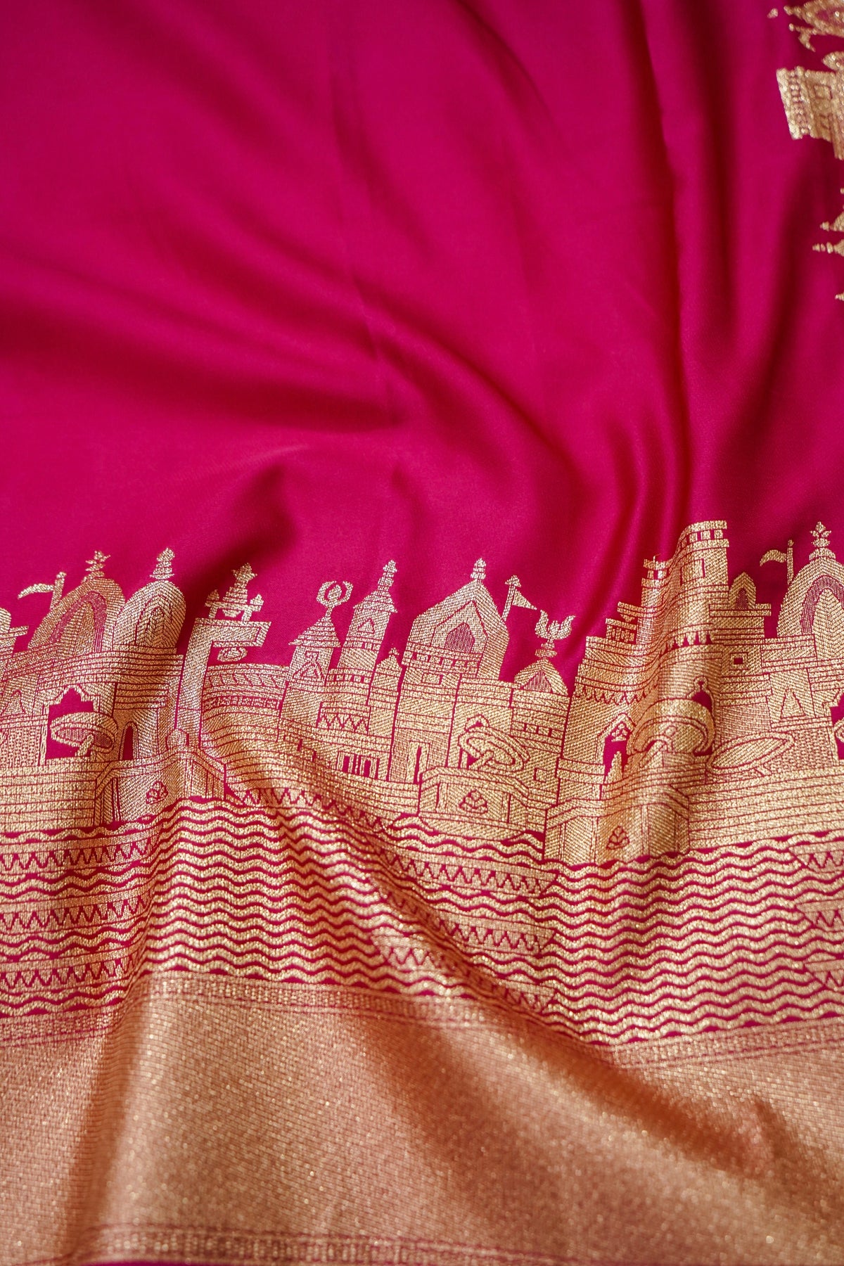 Rihar - Pastel Fuchsia Ghat Border Banarasi Silk Saree with Stitched Blouse