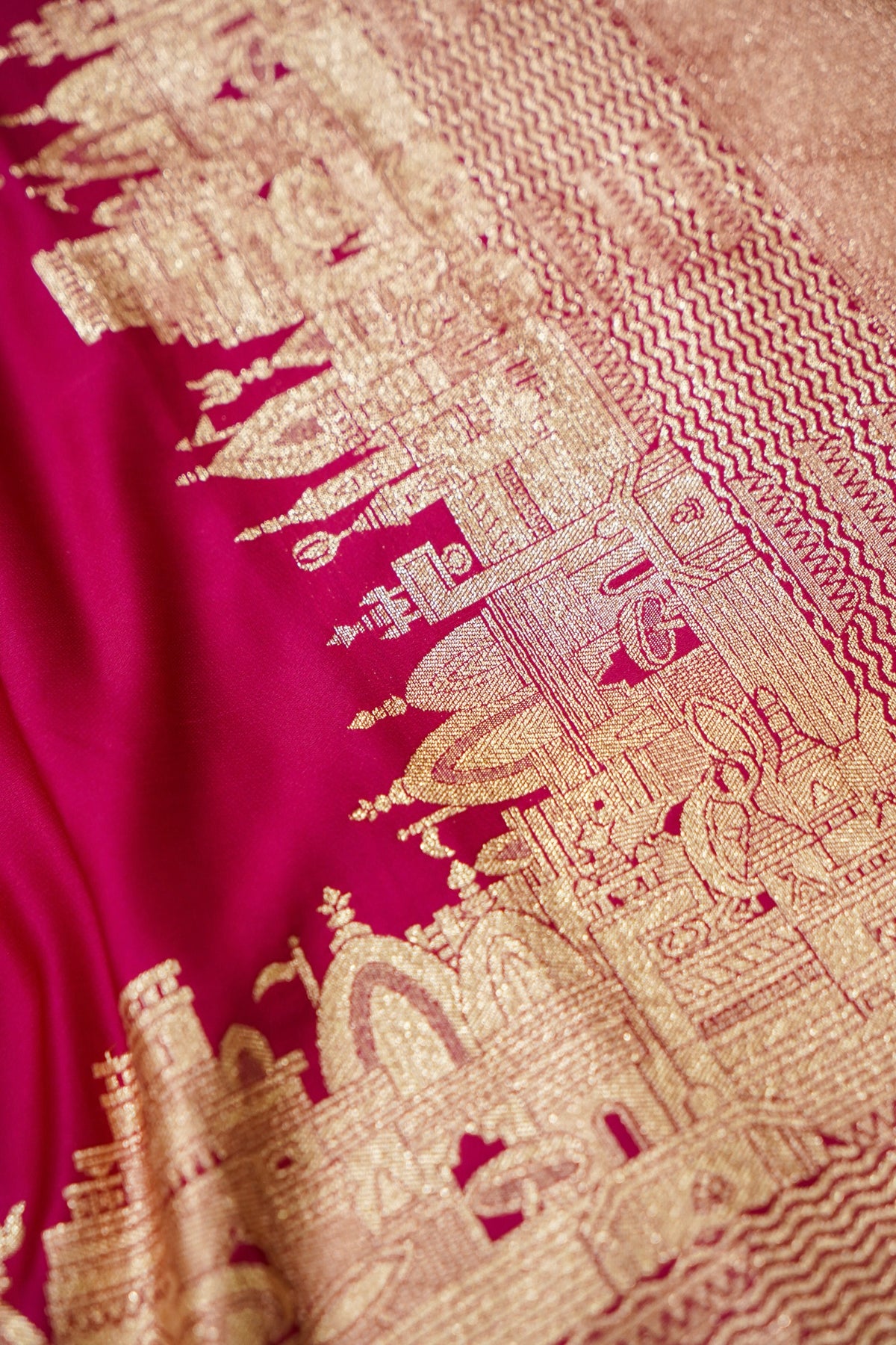 Rihar - Pastel Fuchsia Ghat Border Banarasi Silk Saree with Stitched Blouse
