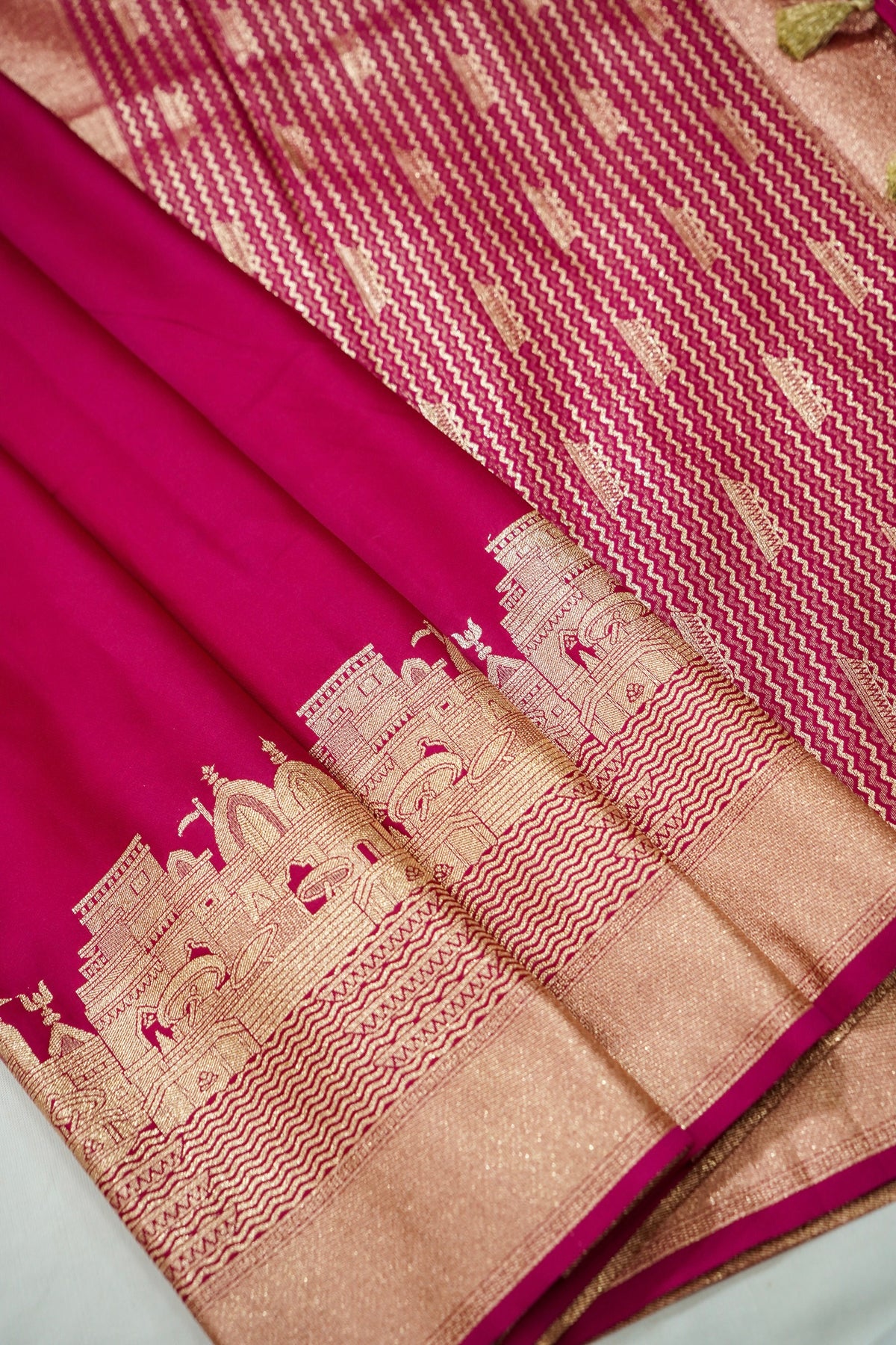 Rihar - Pastel Fuchsia Ghat Border Banarasi Silk Saree with Stitched Blouse