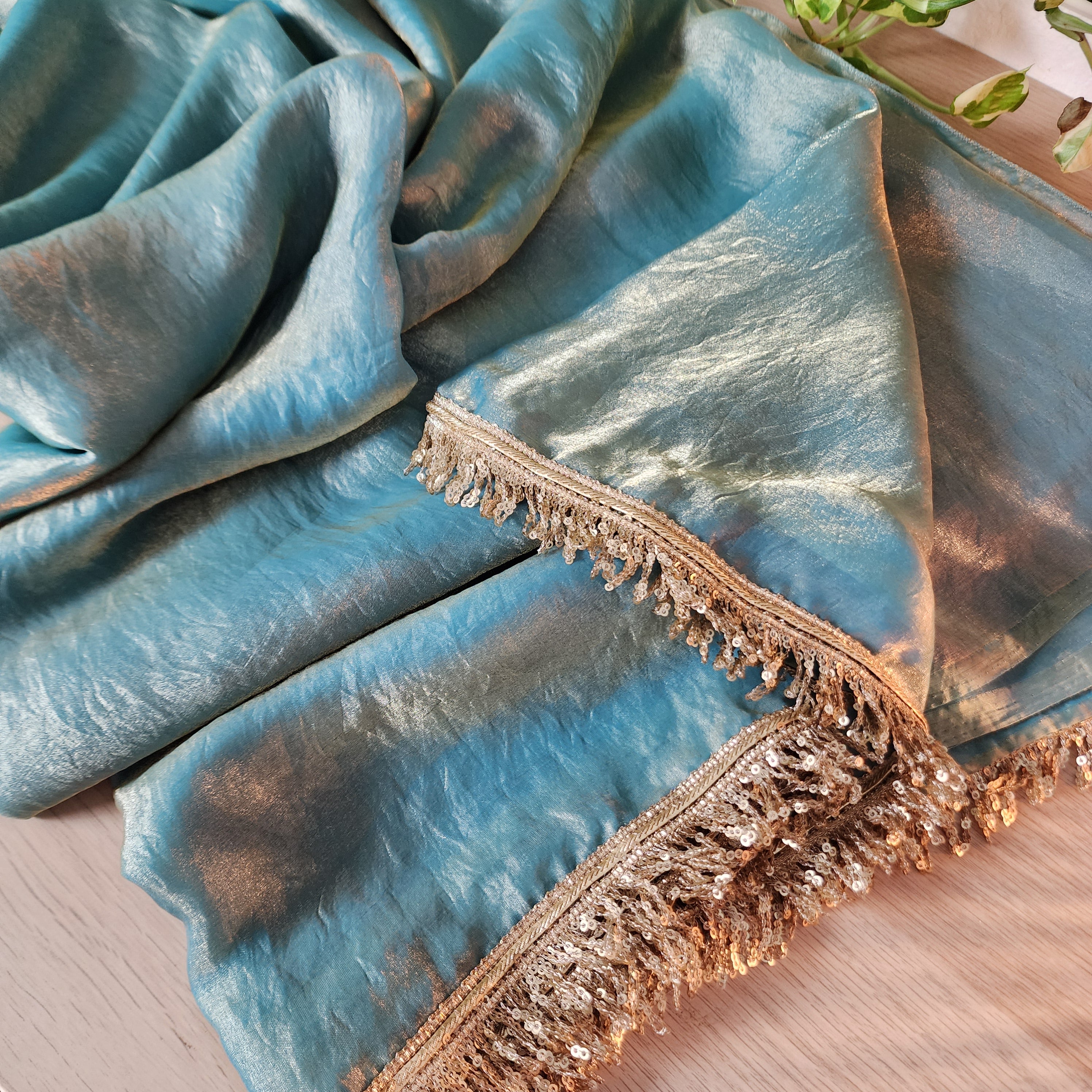 Designer Tissue Silk Saree - Pastel Blue with Readymade Blouse