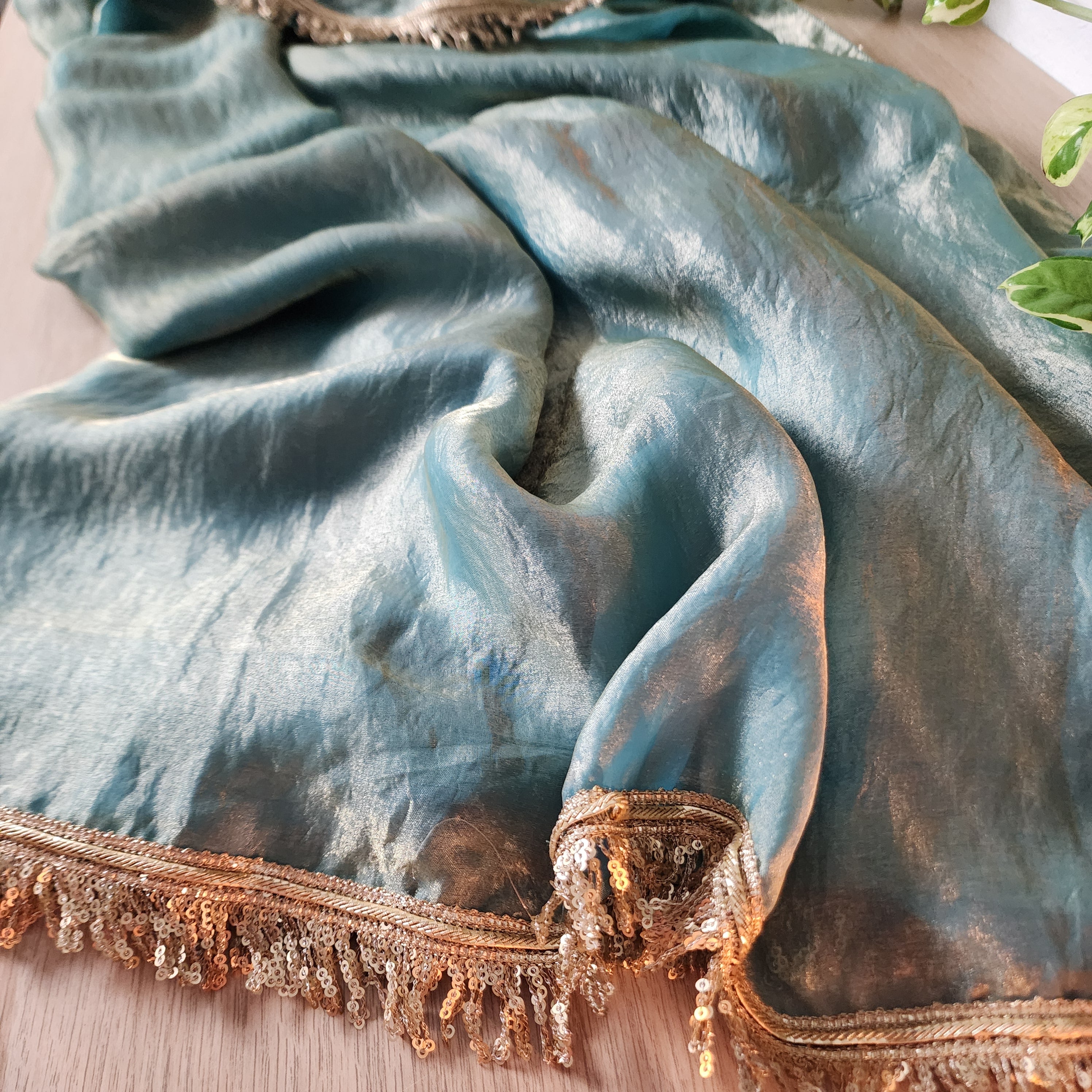 Designer Tissue Silk Saree - Pastel Blue with Readymade Blouse