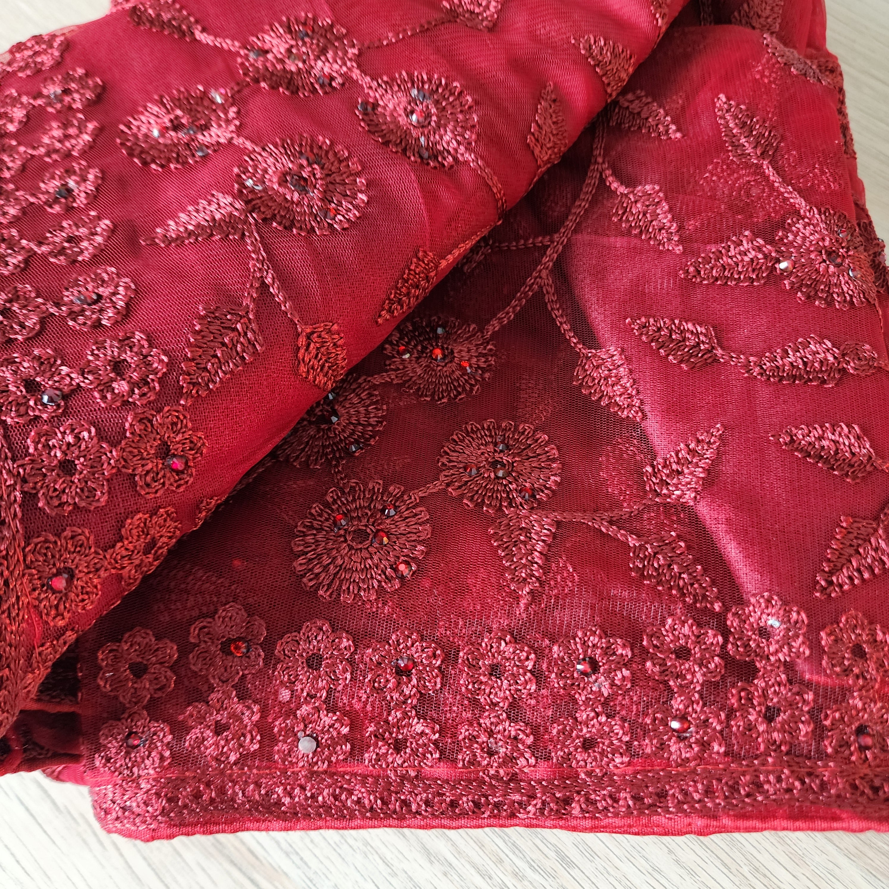 Embroidered Net Designer Saree in Dark Red