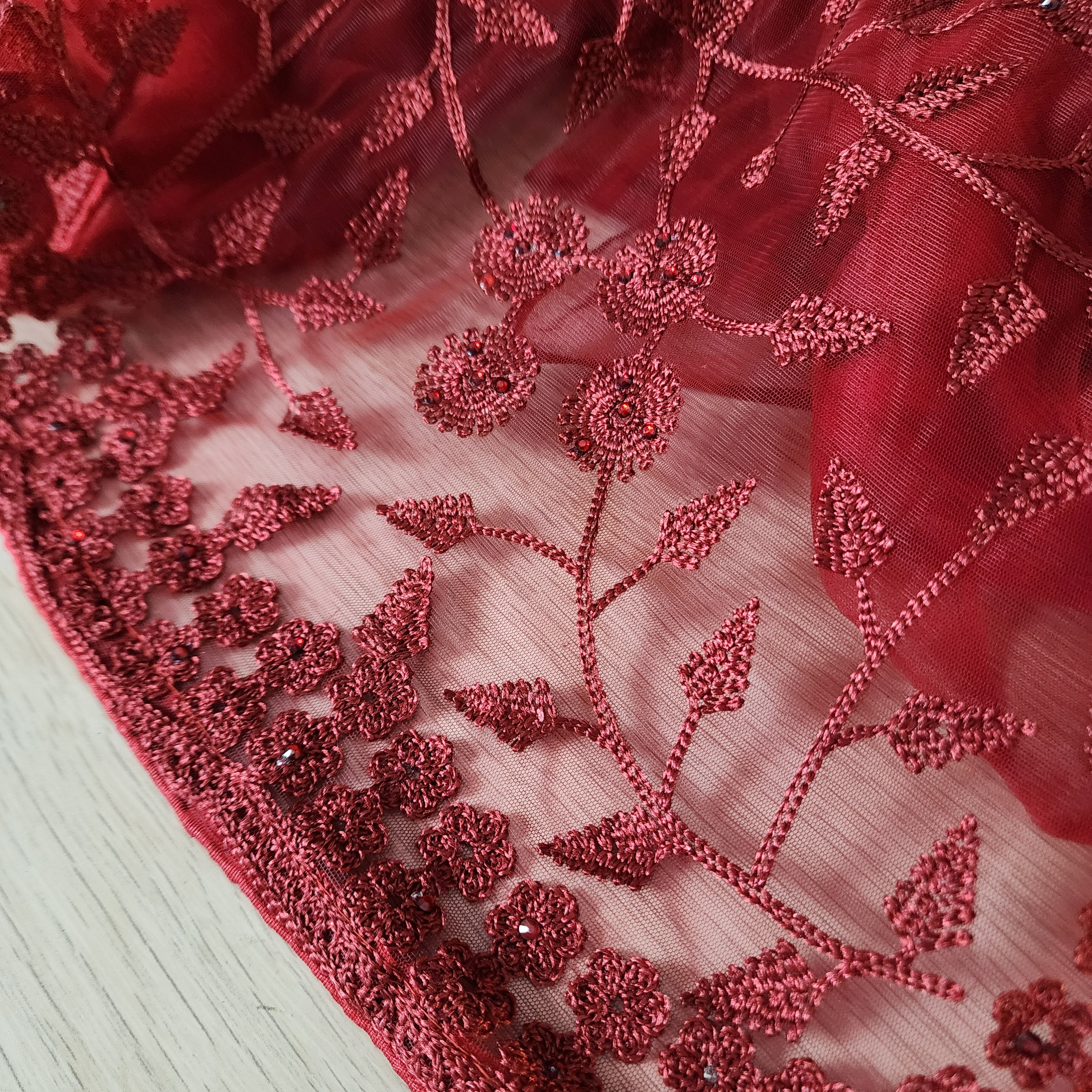 Embroidered Net Designer Saree in Dark Red