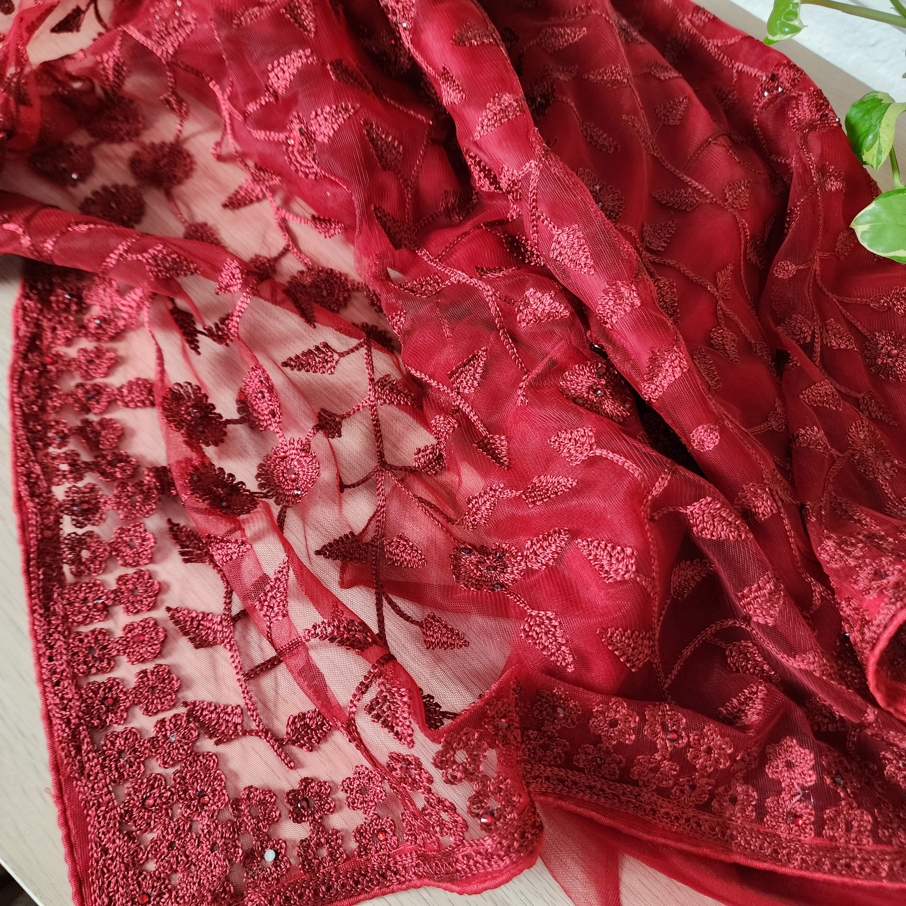 Embroidered Net Designer Saree in Dark Red