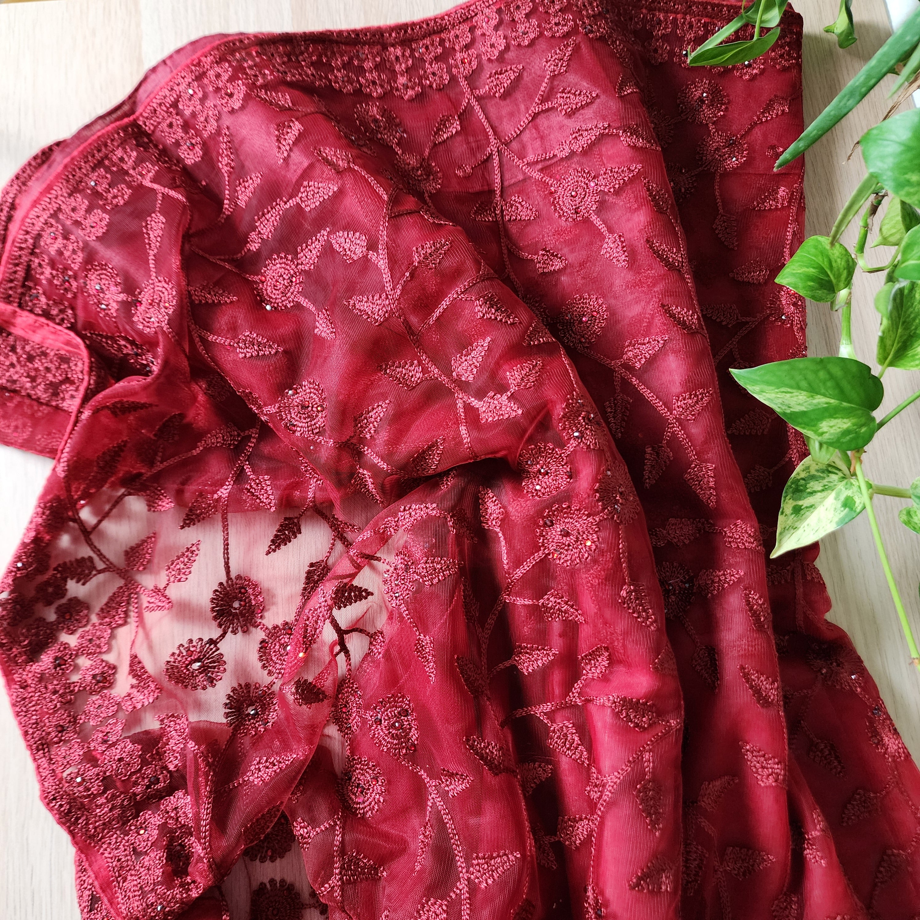Embroidered Net Designer Saree in Dark Red