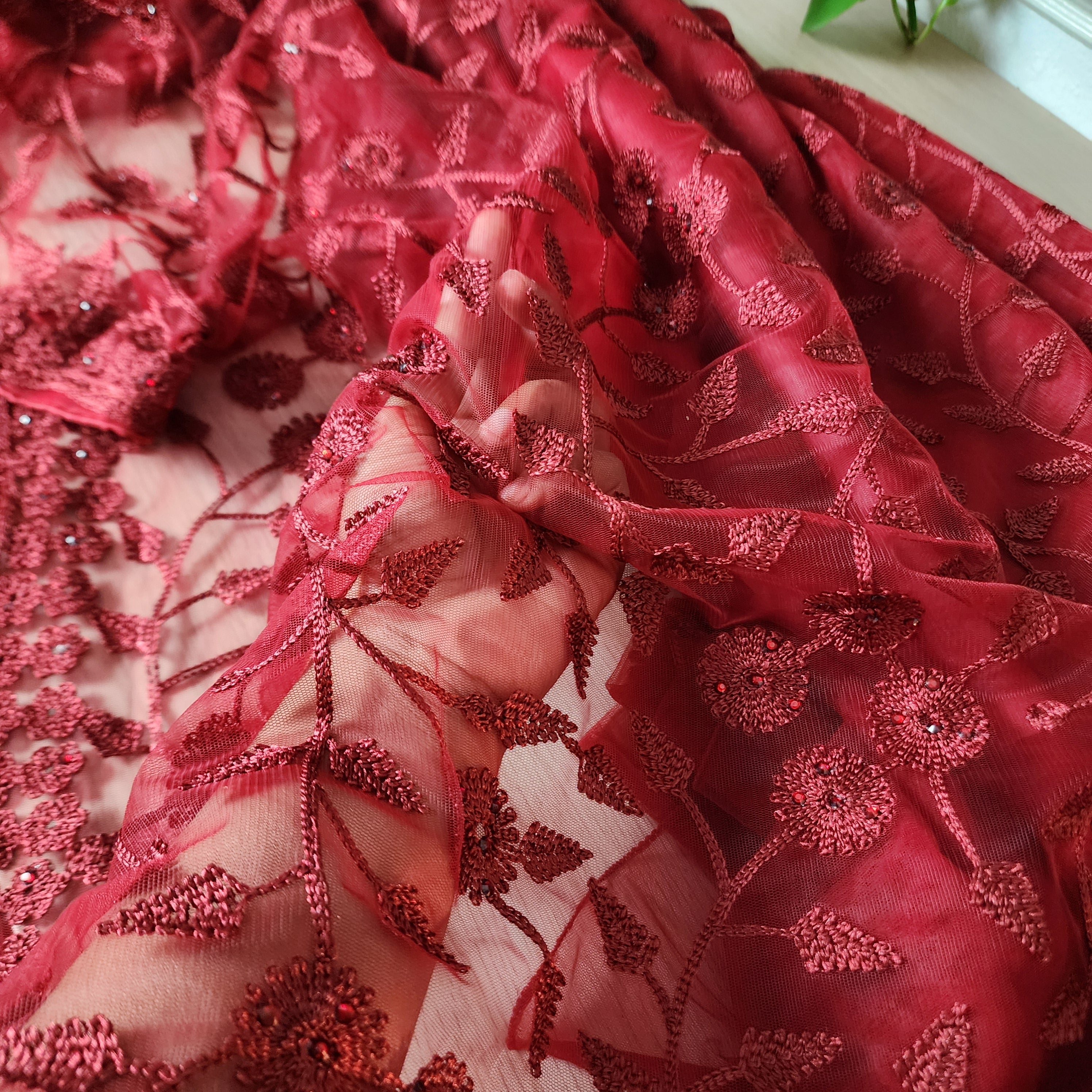 Embroidered Net Designer Saree in Dark Red