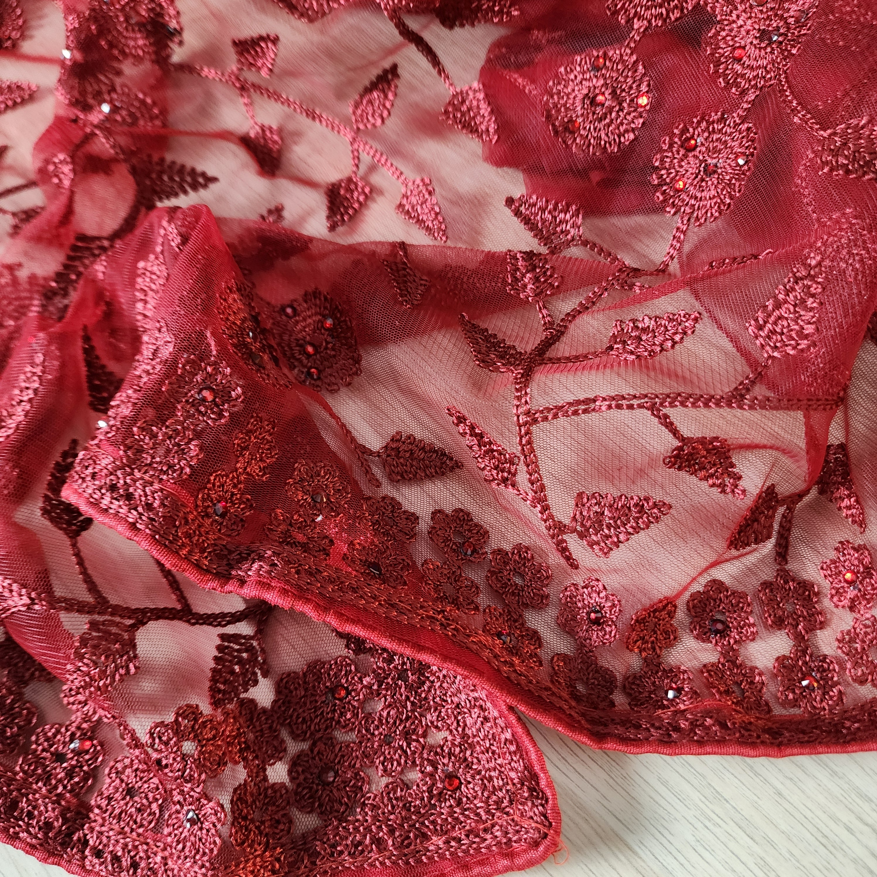 Embroidered Net Designer Saree in Dark Red