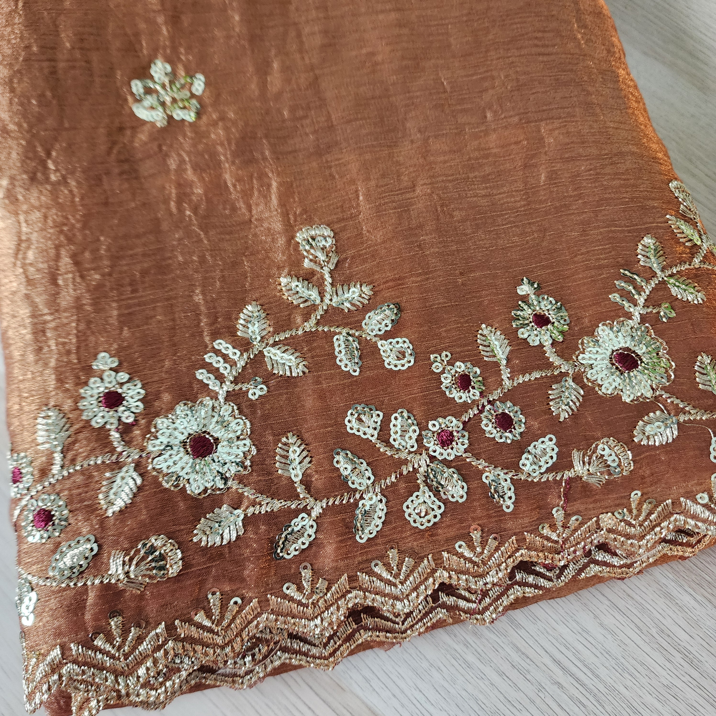 Brownish Copper Designer Chiffon Silk Saree with Sequin Embroidery